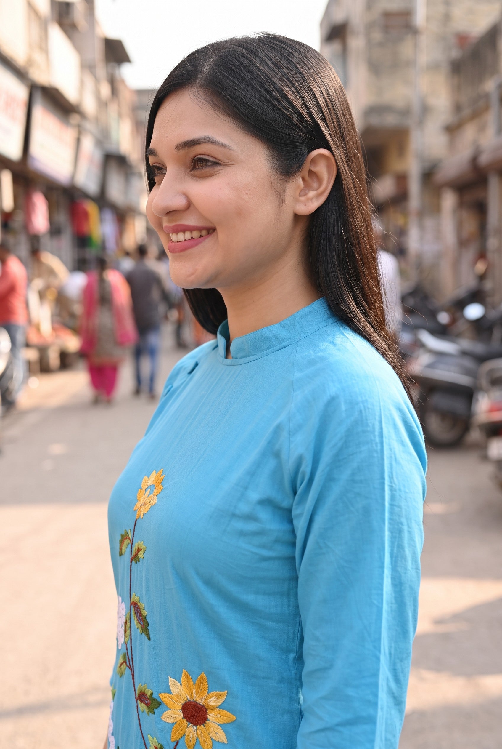 Sky Blue Colour Hand Embroidered Cotton Kurta