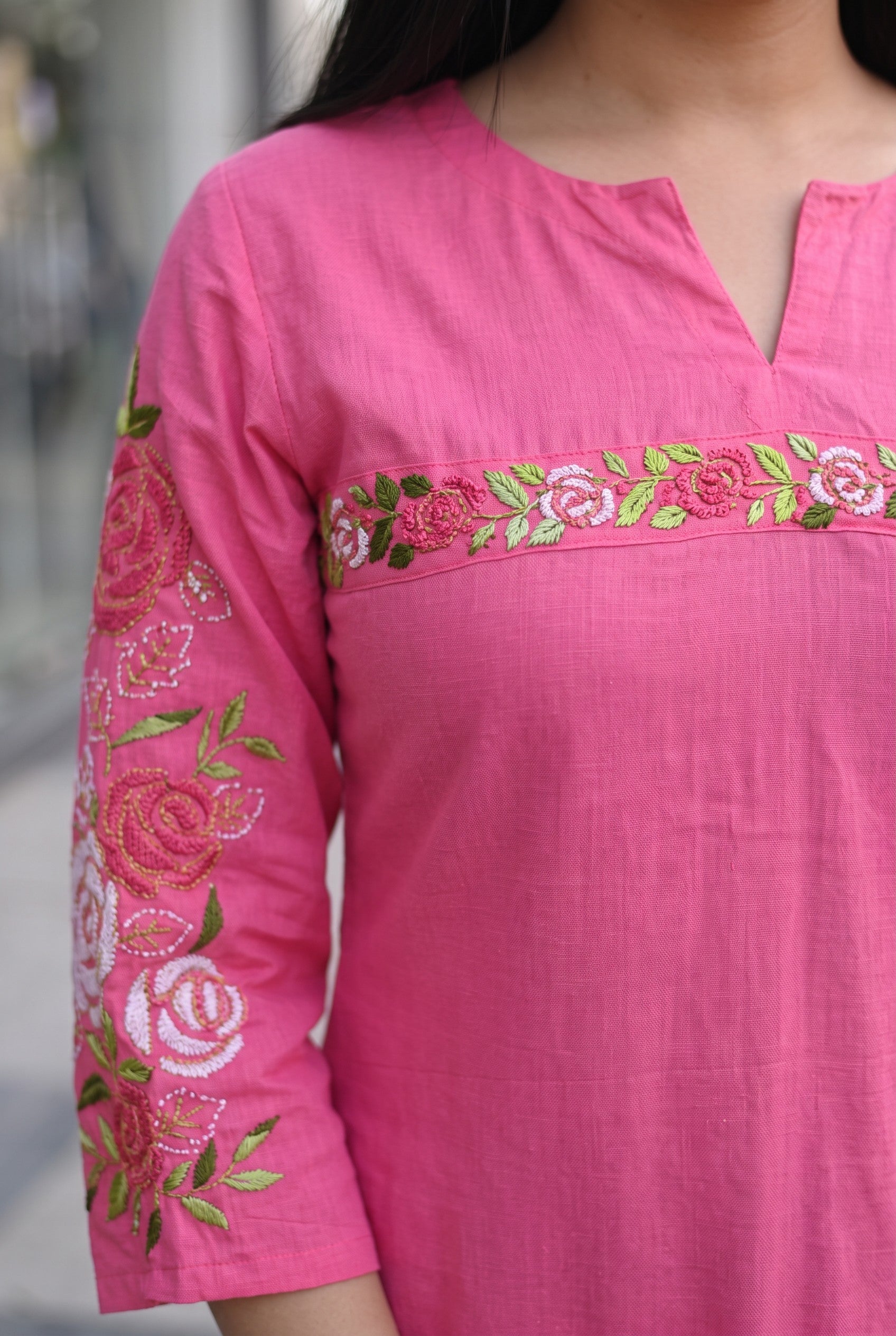 Pink Cotton Hand Emboidered Kurta