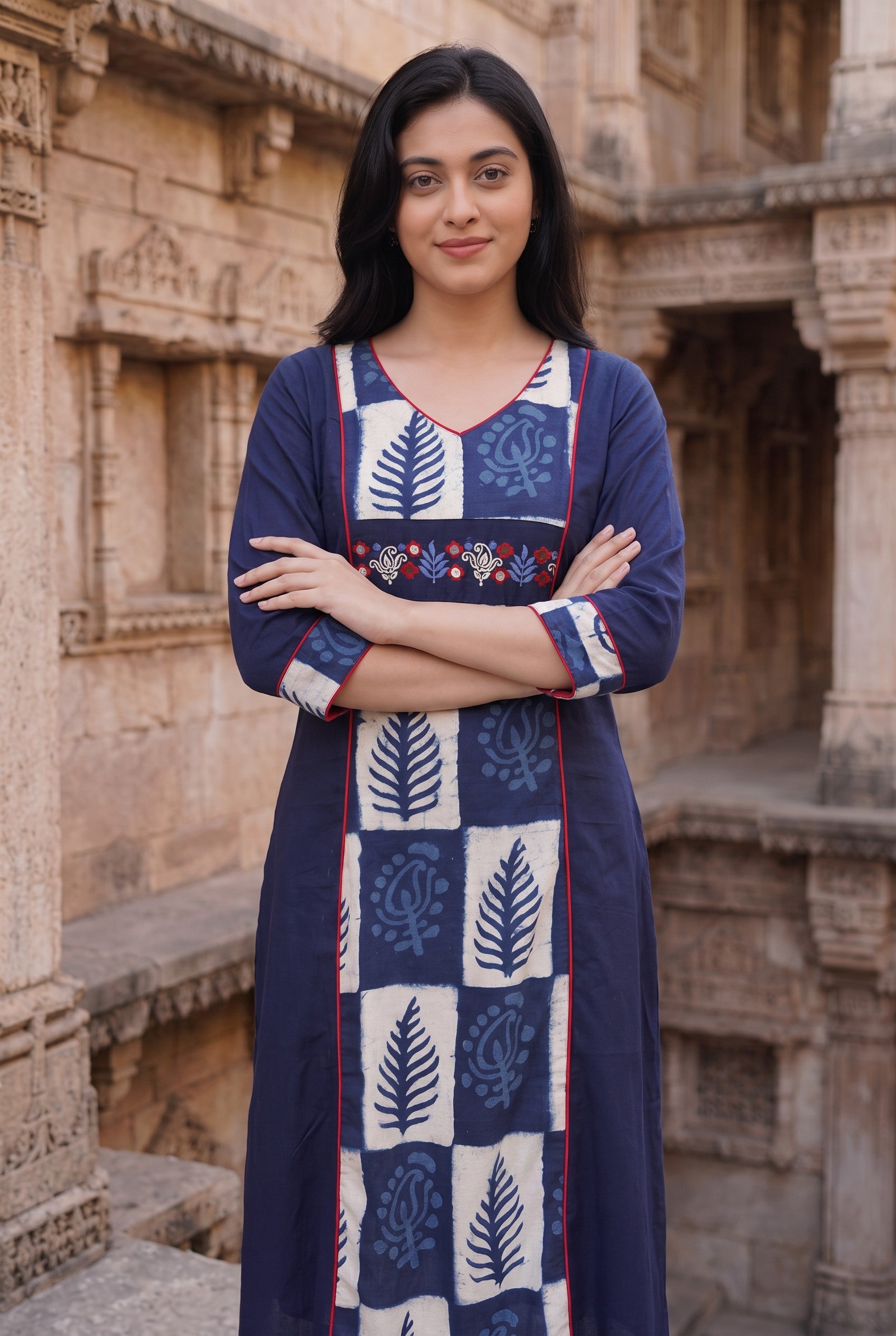 Indigo Hand Block Print With Hand Embroidery Cotton Kurta