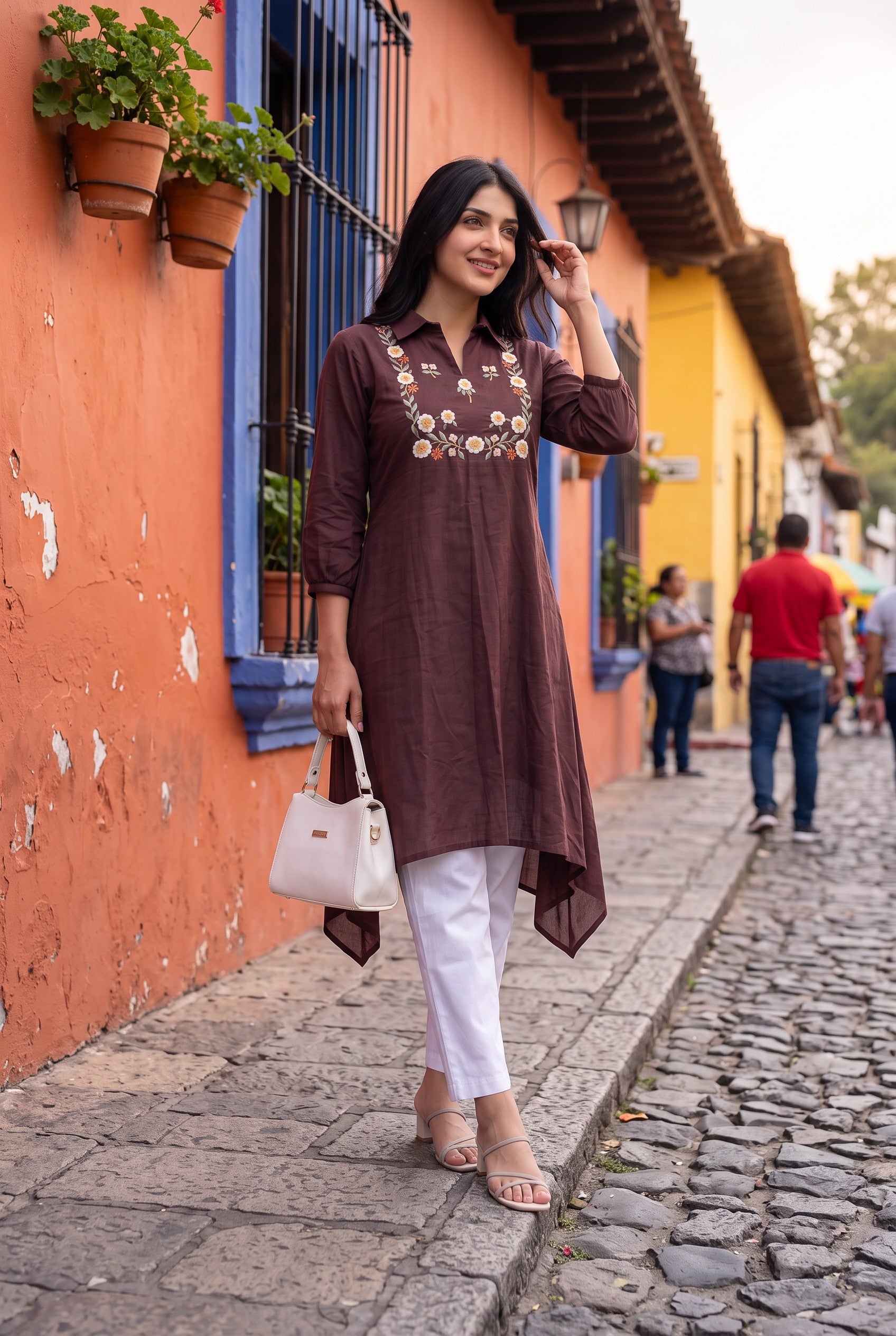 Chocolate Color Cotton Embroidered Kurta