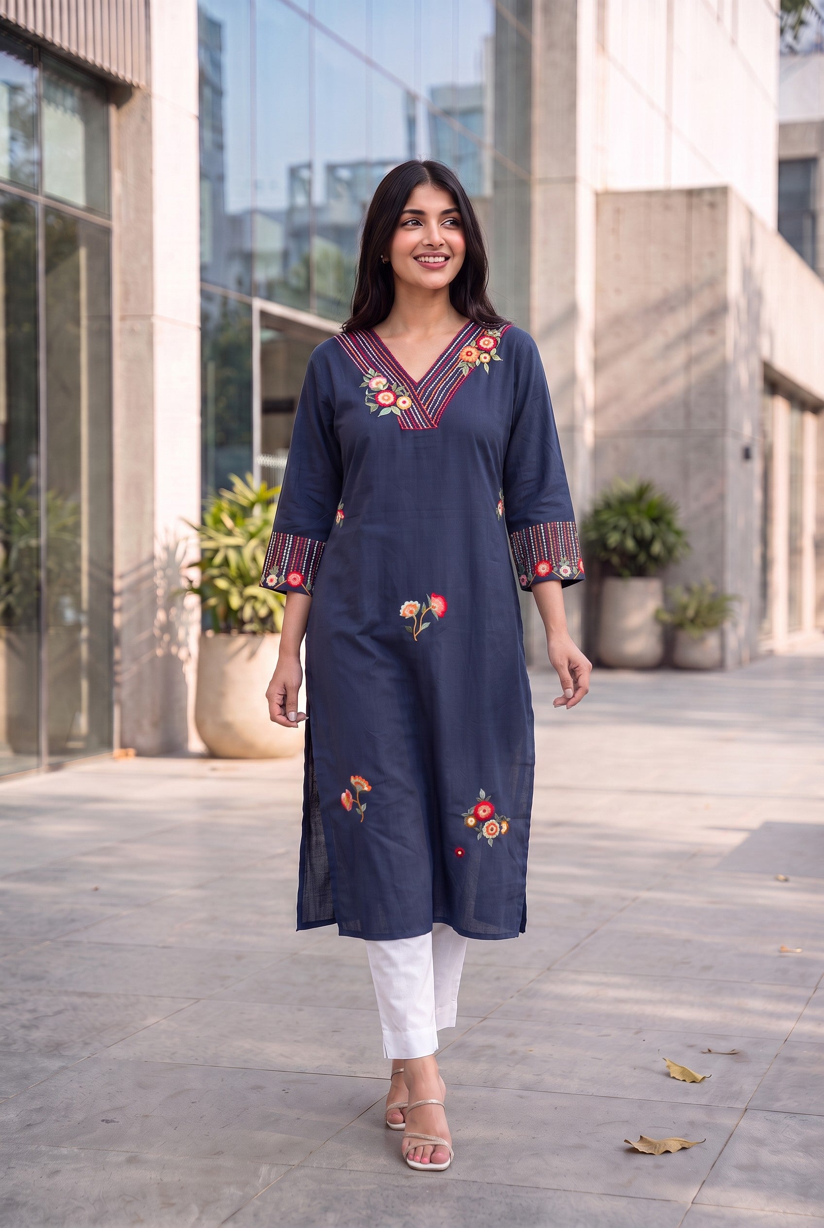 Mid Night Blue Cotton Embroidered Kurta