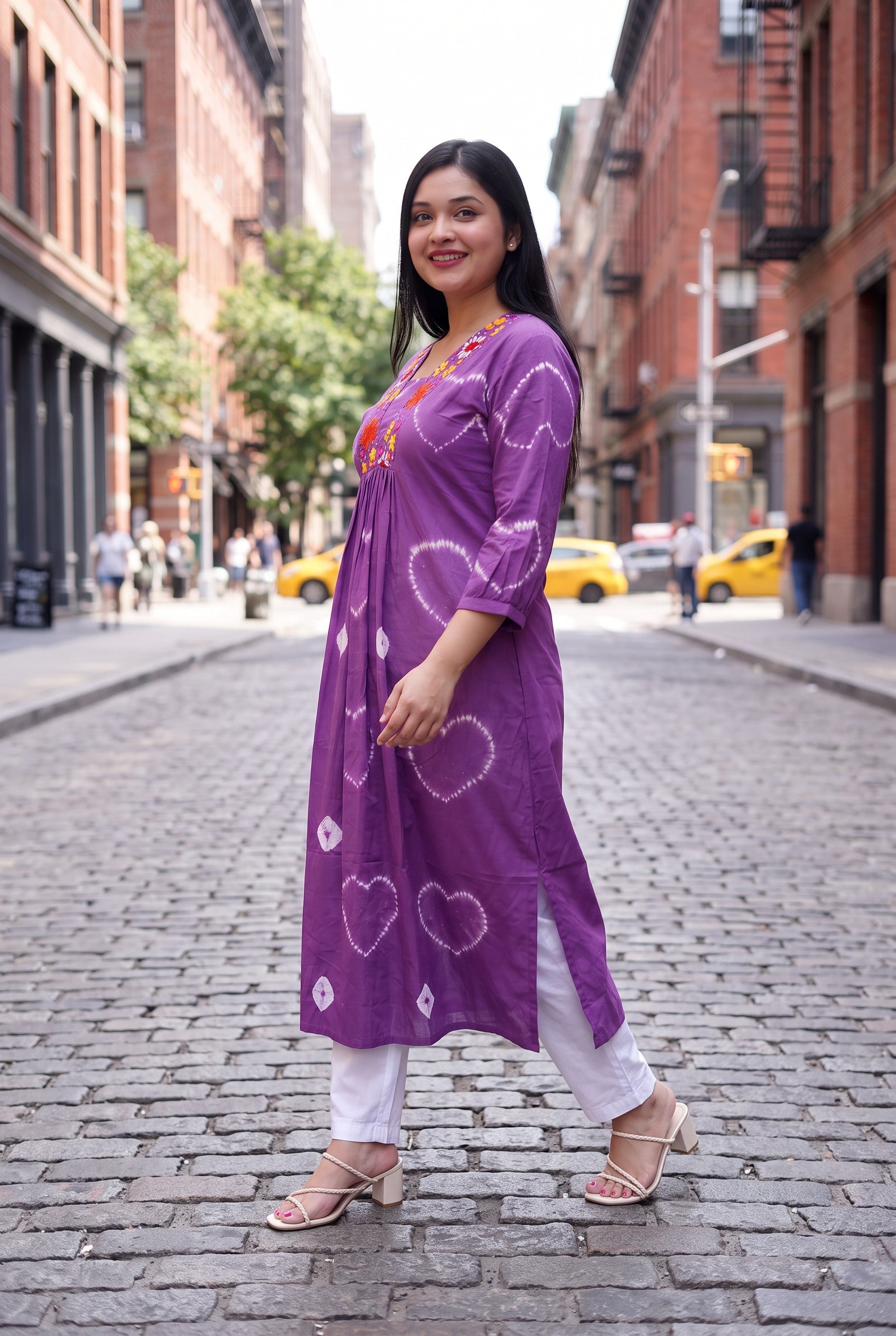Purple Bandhani With Hand Embroidery Cotton Kurta