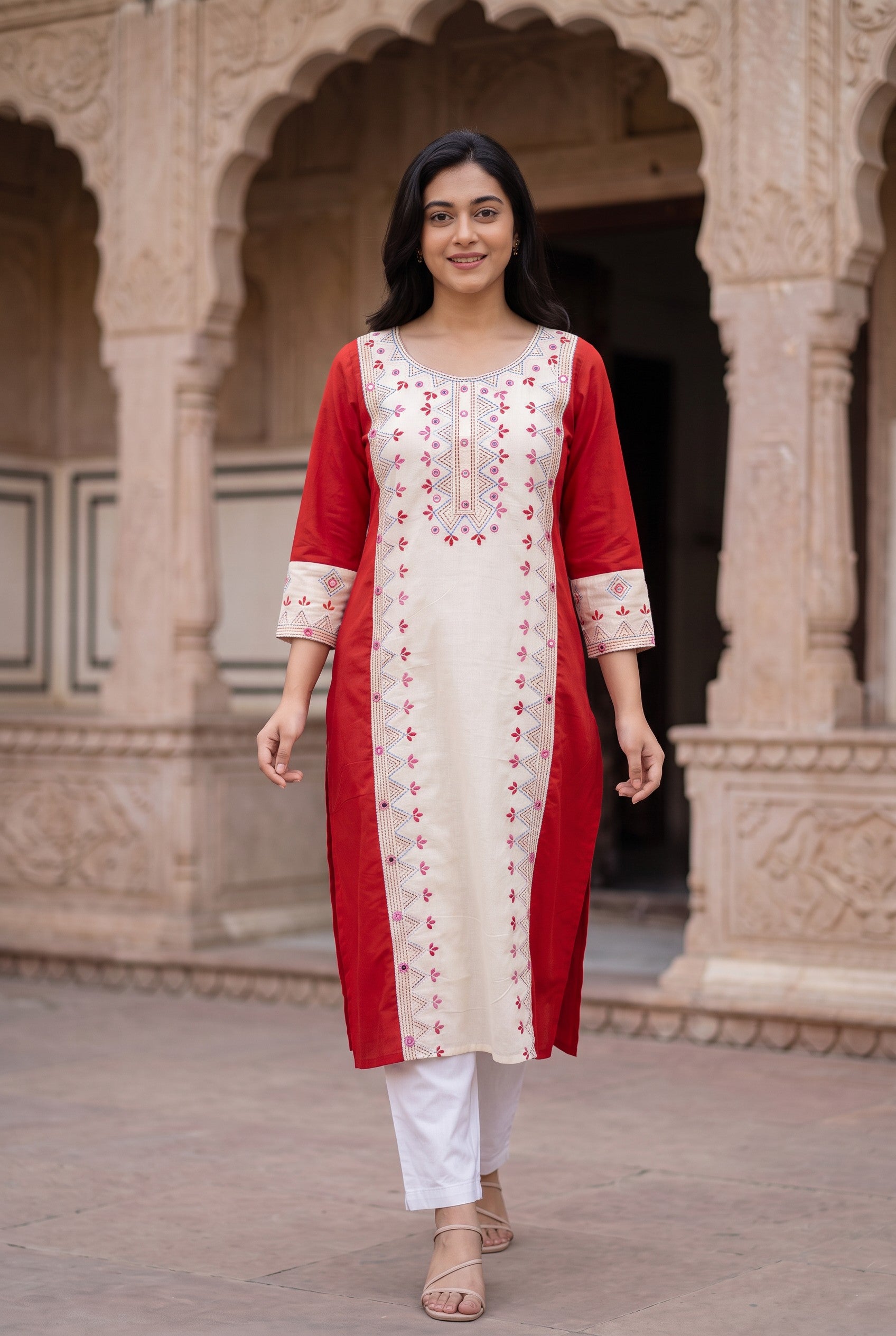 Off White-Red Cotton Hand Embroidered Kurta