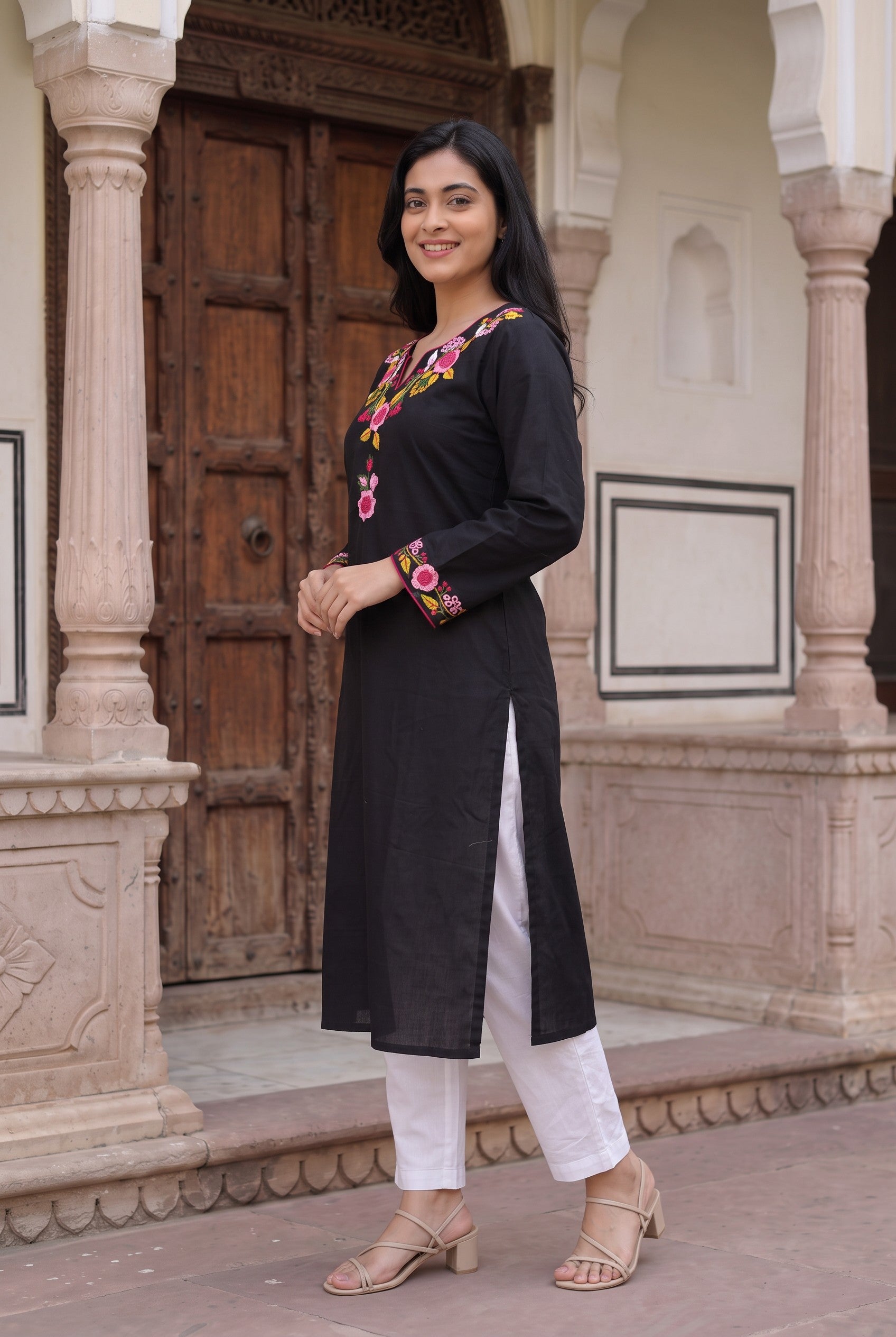 Hand Embroidered Black Cutton Kurta