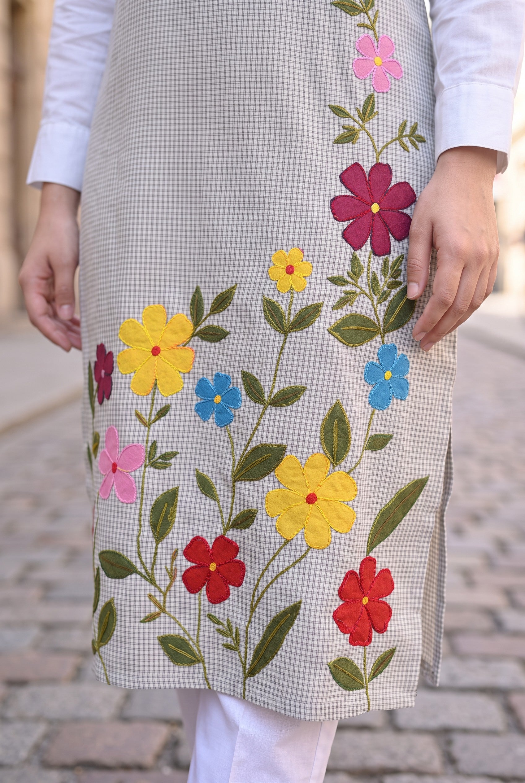 Applique Embroidered Check Cotton Kurta