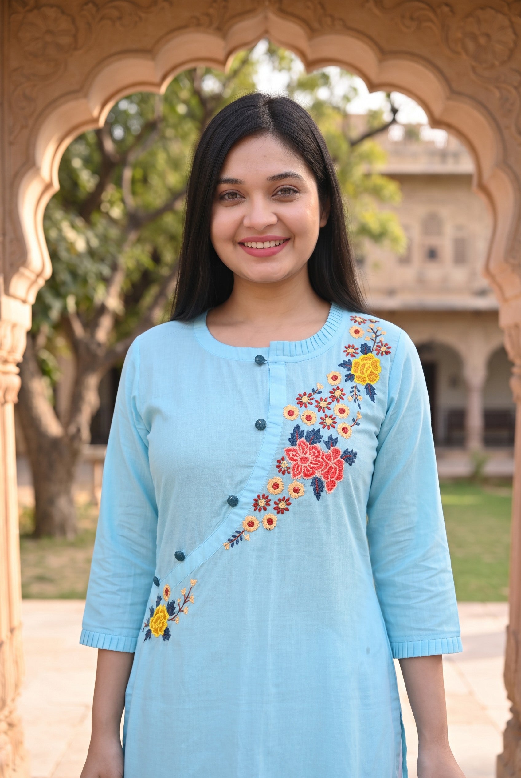 Sky Blue Colour Cotton Hand Emboidered Kurta