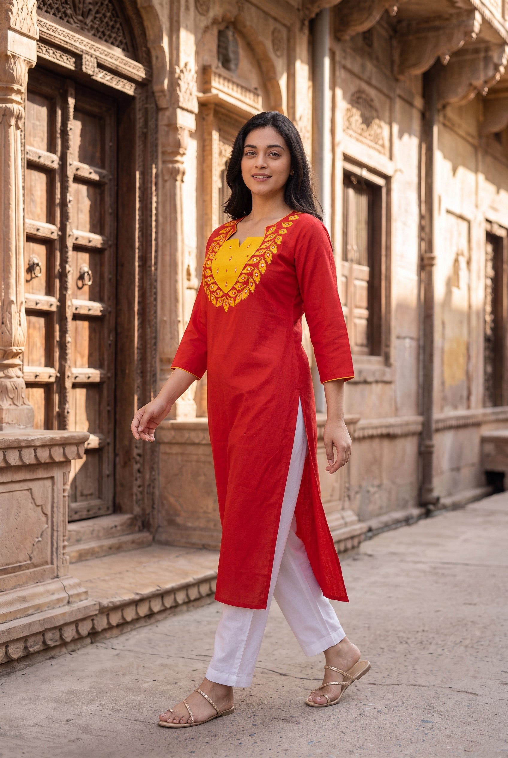Red Yellow Embroidered Cotton Kurta