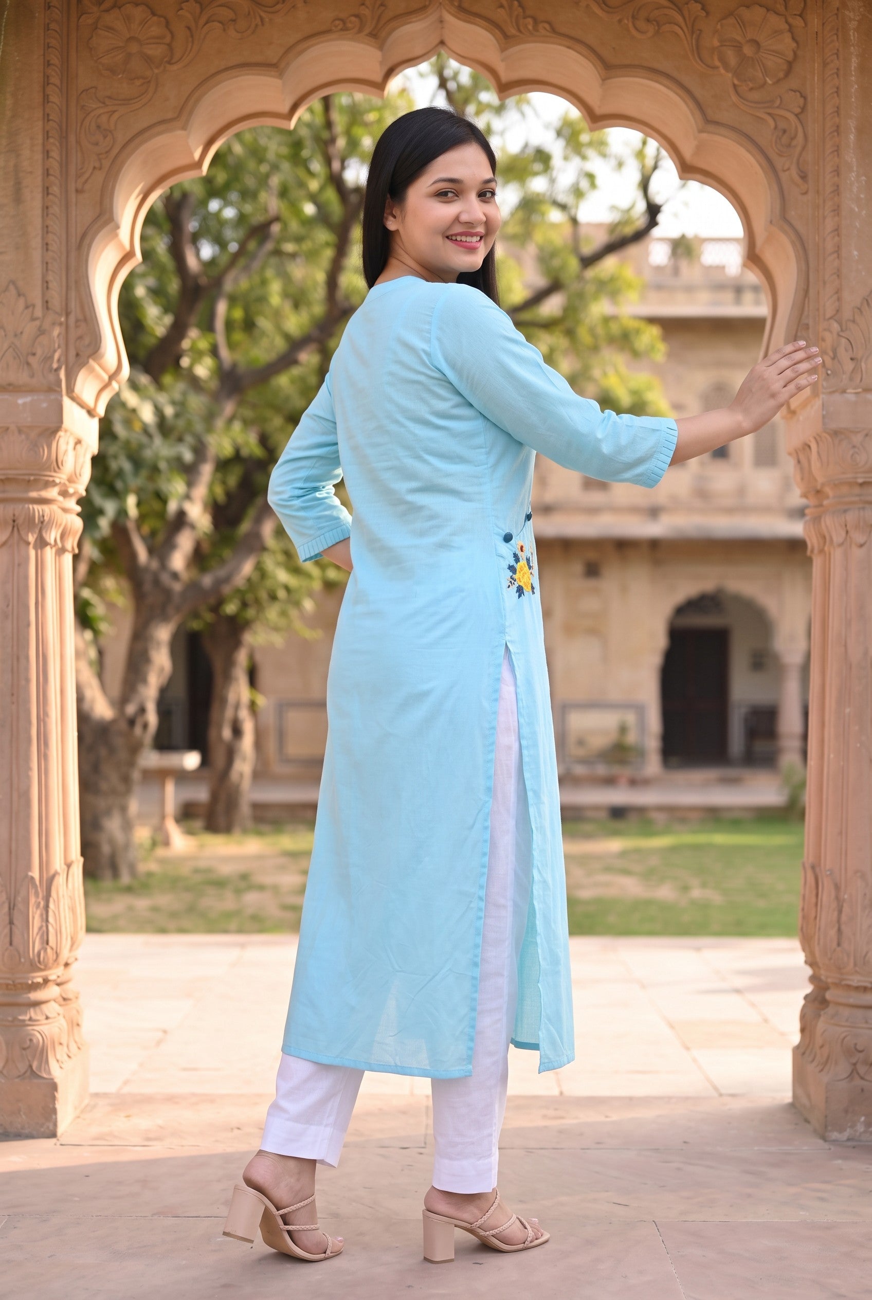 Sky Blue Colour Cotton Hand Emboidered Kurta