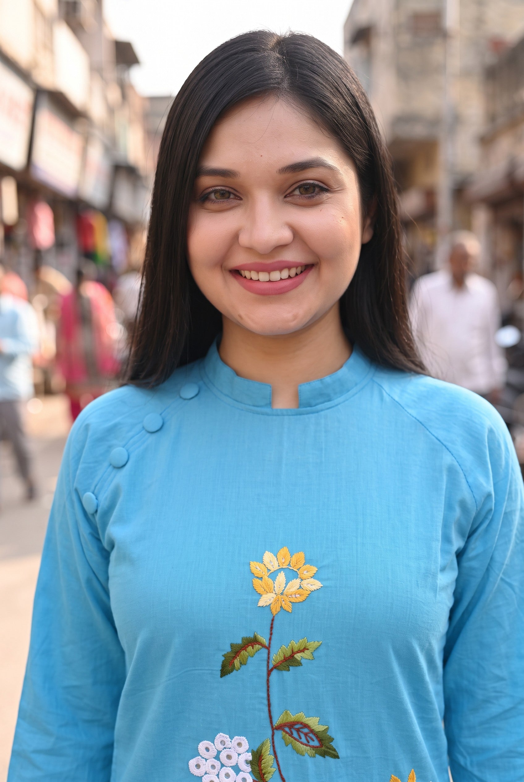 Sky Blue Colour Hand Embroidered Cotton Kurta