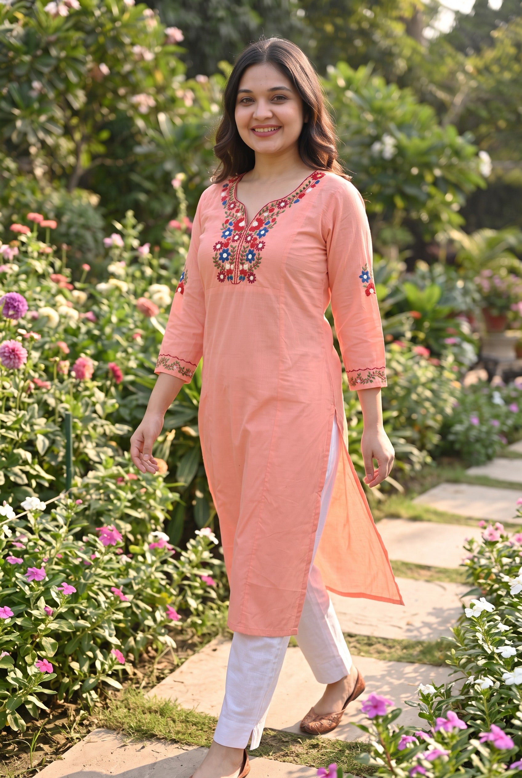 Peach Colour Cotton Hand Embroidered Kurta