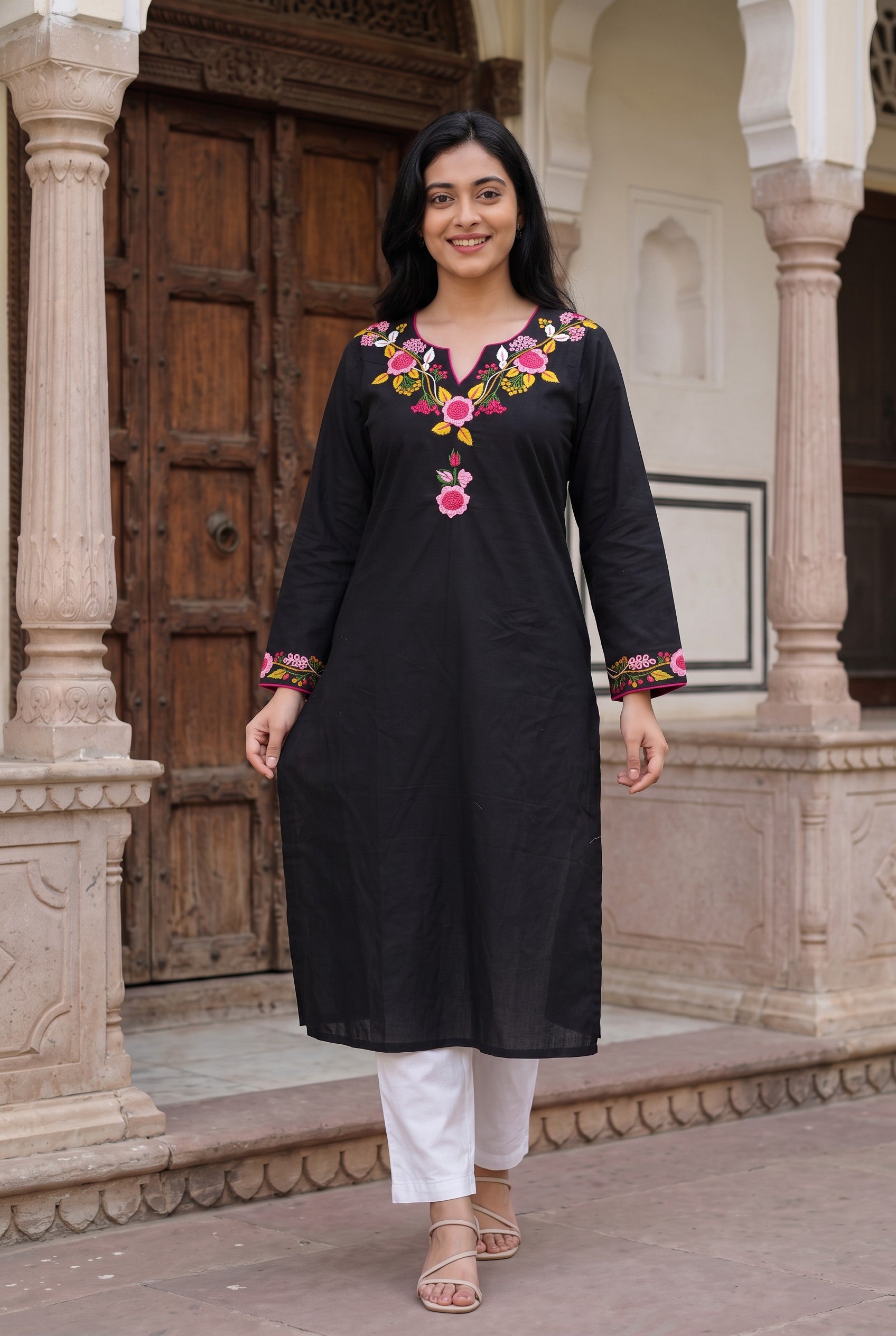 Hand Embroidered Black Cutton Kurta