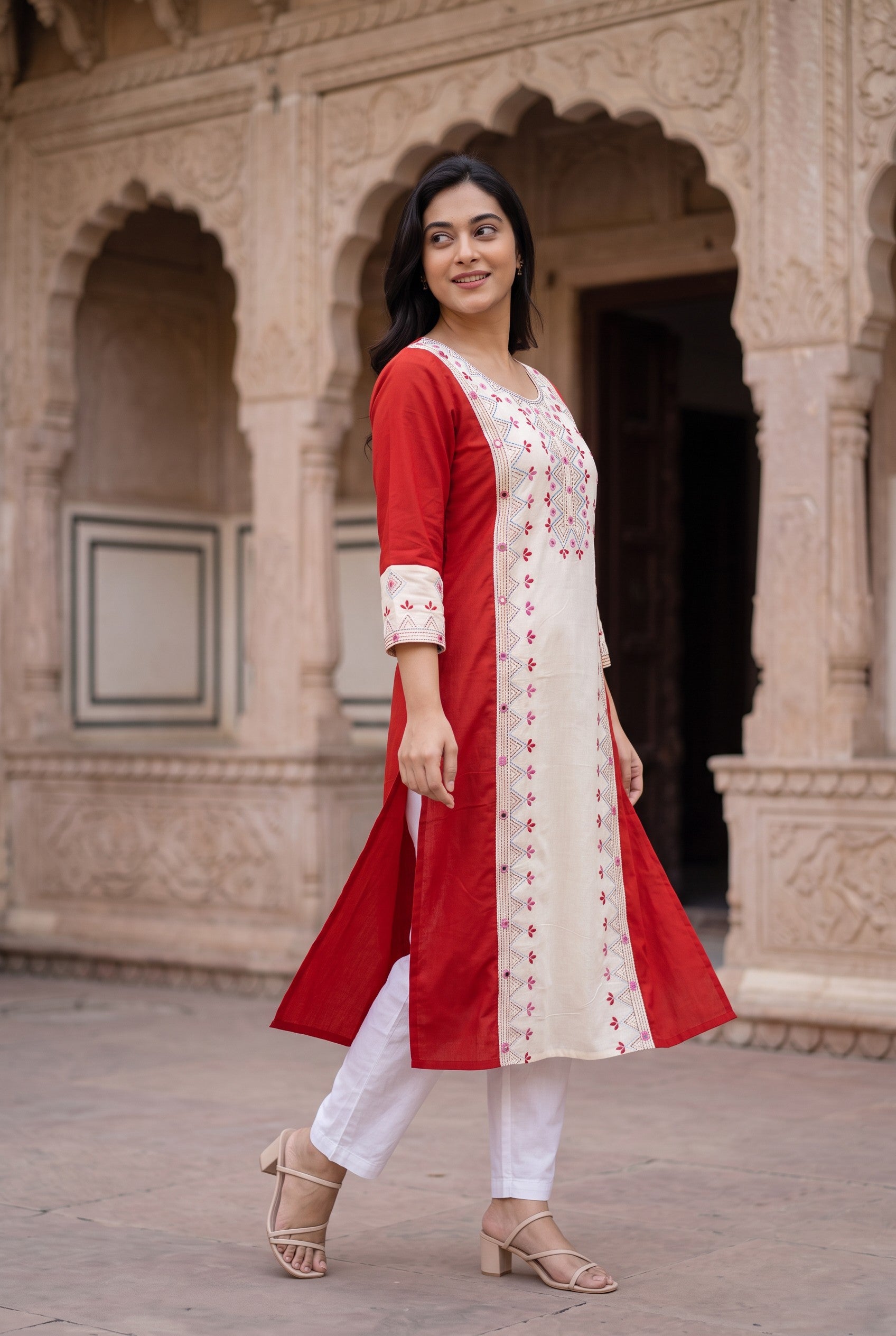 Off White-Red Cotton Hand Embroidered Kurta