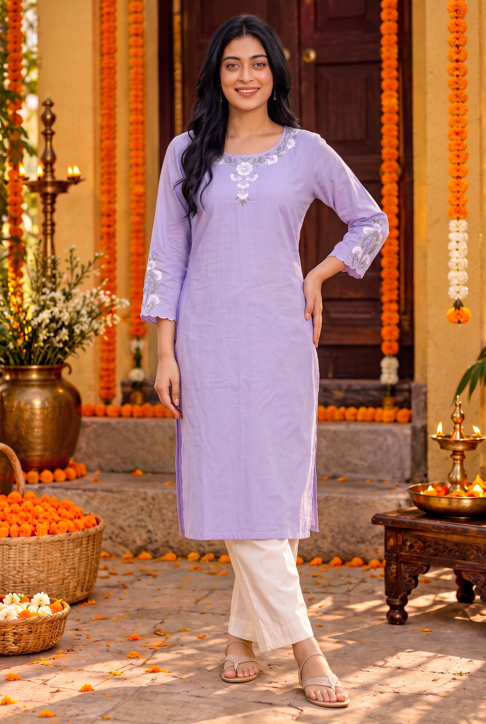 Lavender Colour Cotton Embroidered Kurta