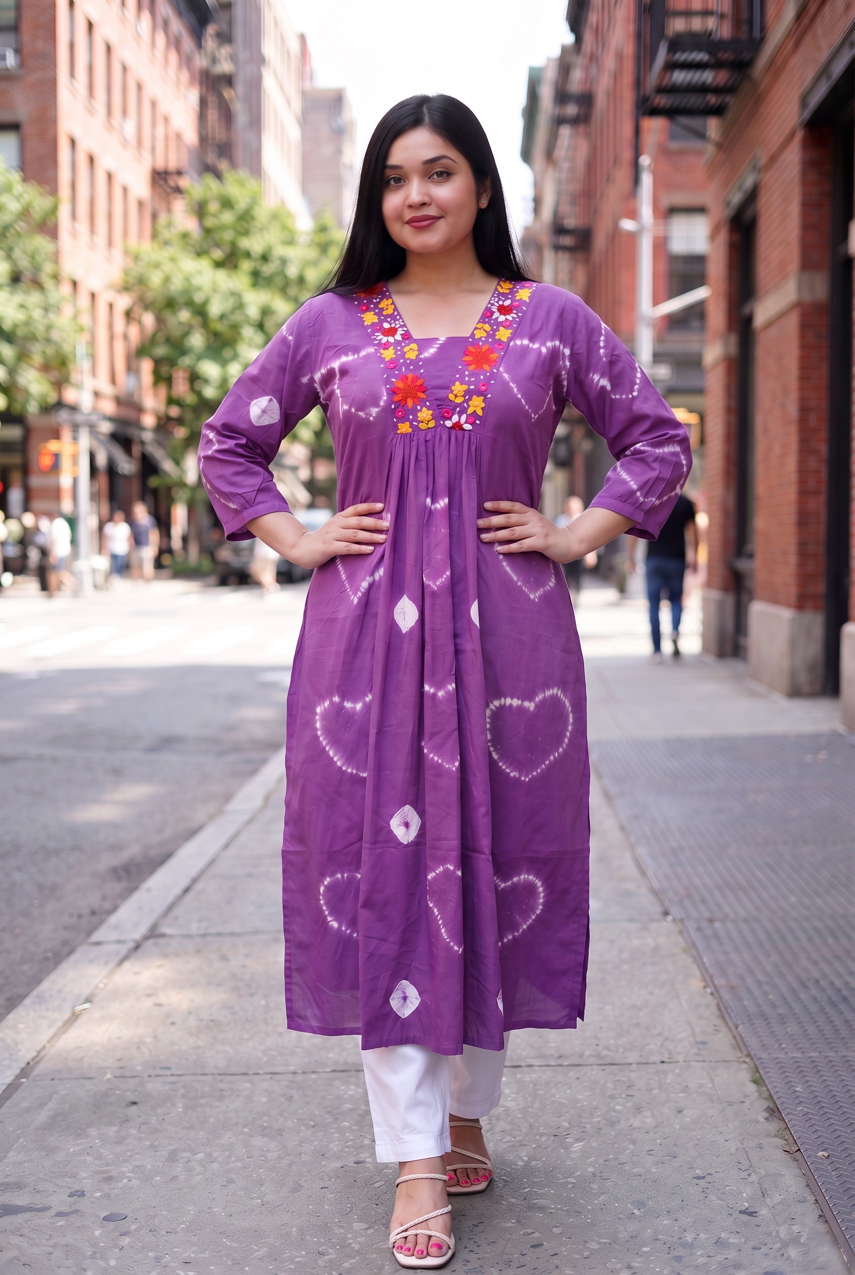 Purple Bandhani With Hand Embroidery Cotton Kurta