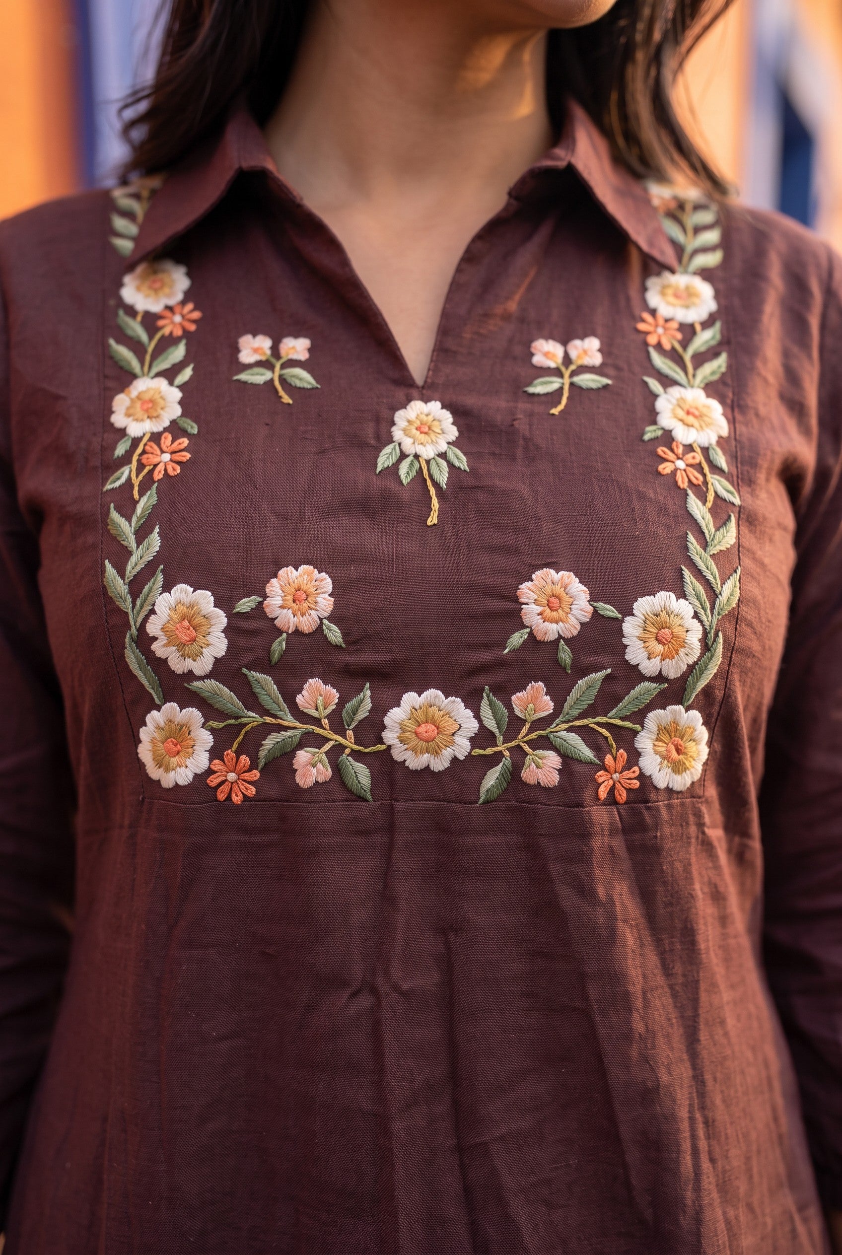 Chocolate Color Cotton Embroidered Kurta