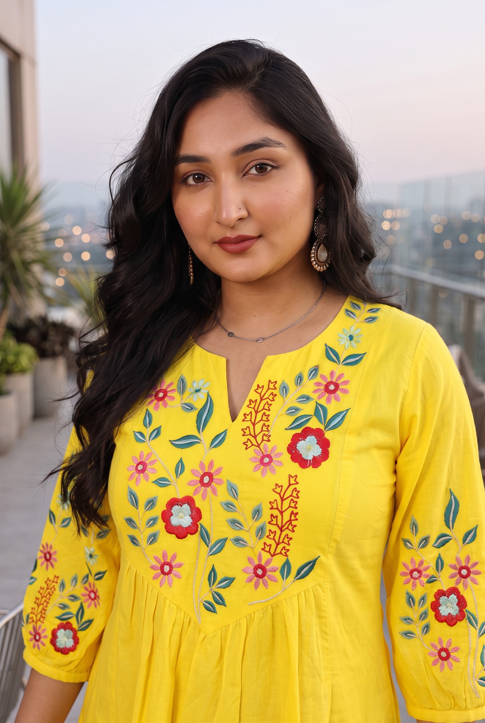 Yellow Floral Embroidered Cotton A-line Kurta