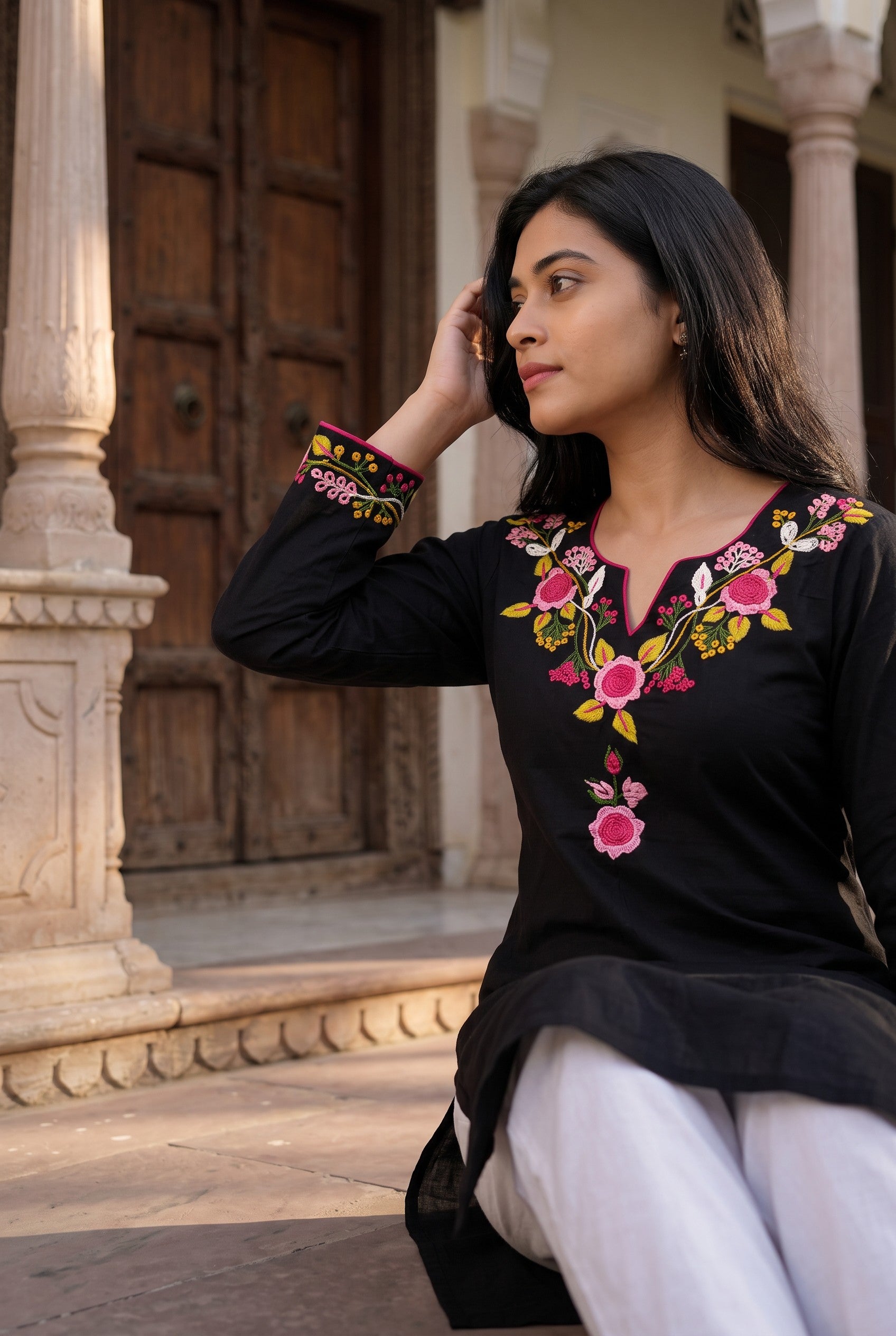 Hand Embroidered Black Cutton Kurta