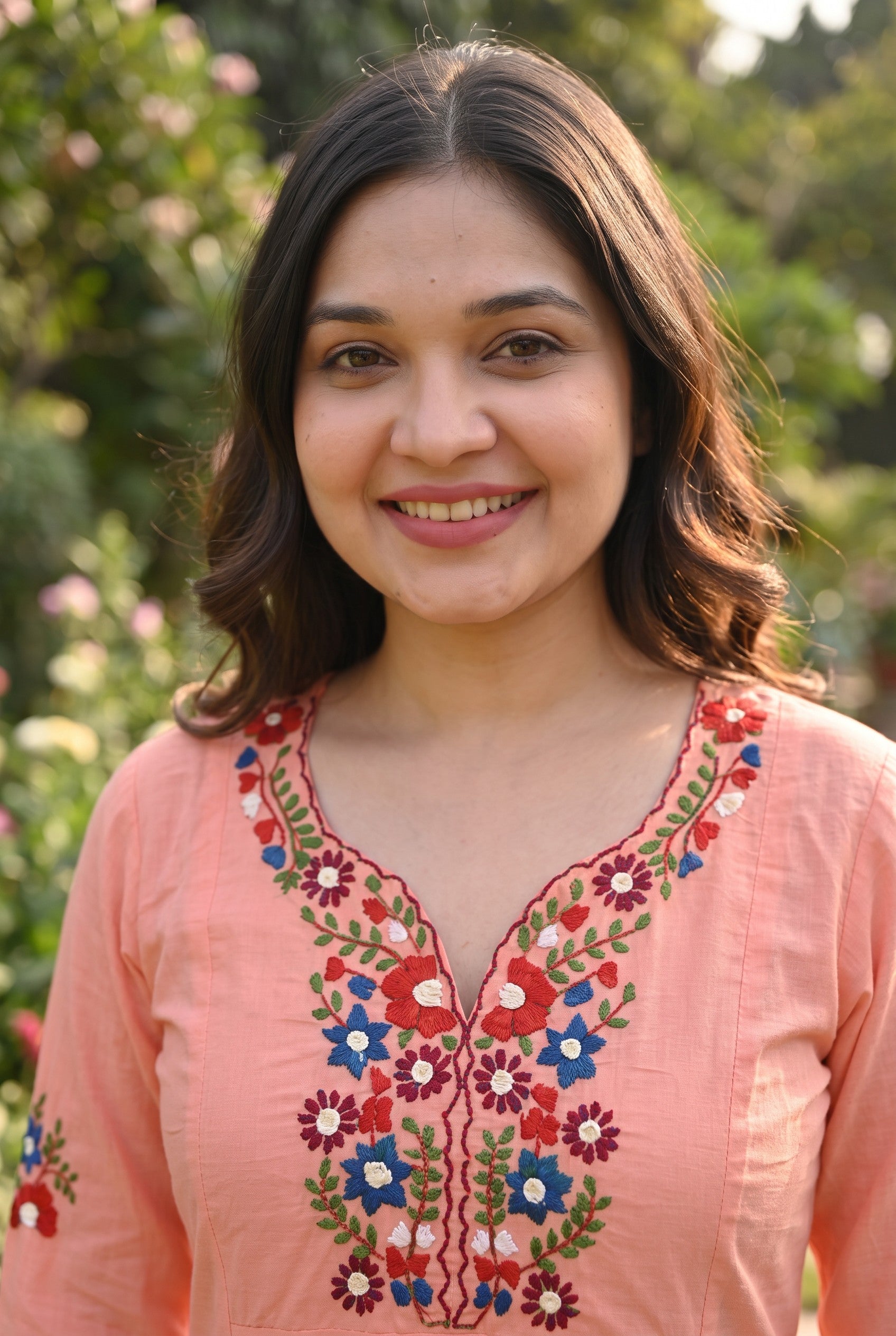 Peach Colour Cotton Hand Embroidered Kurta
