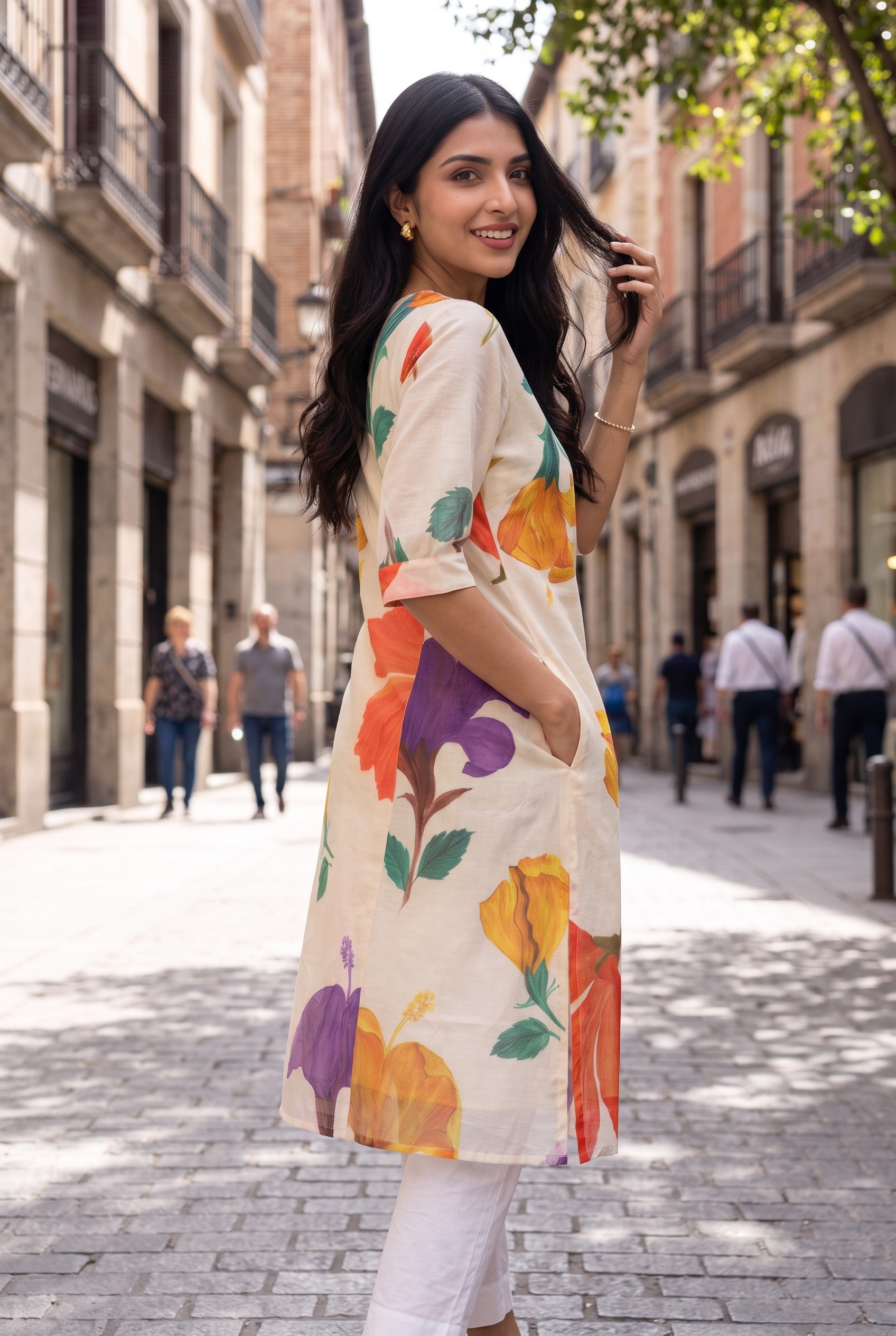 Floral Print Chanderi Silk Kurta