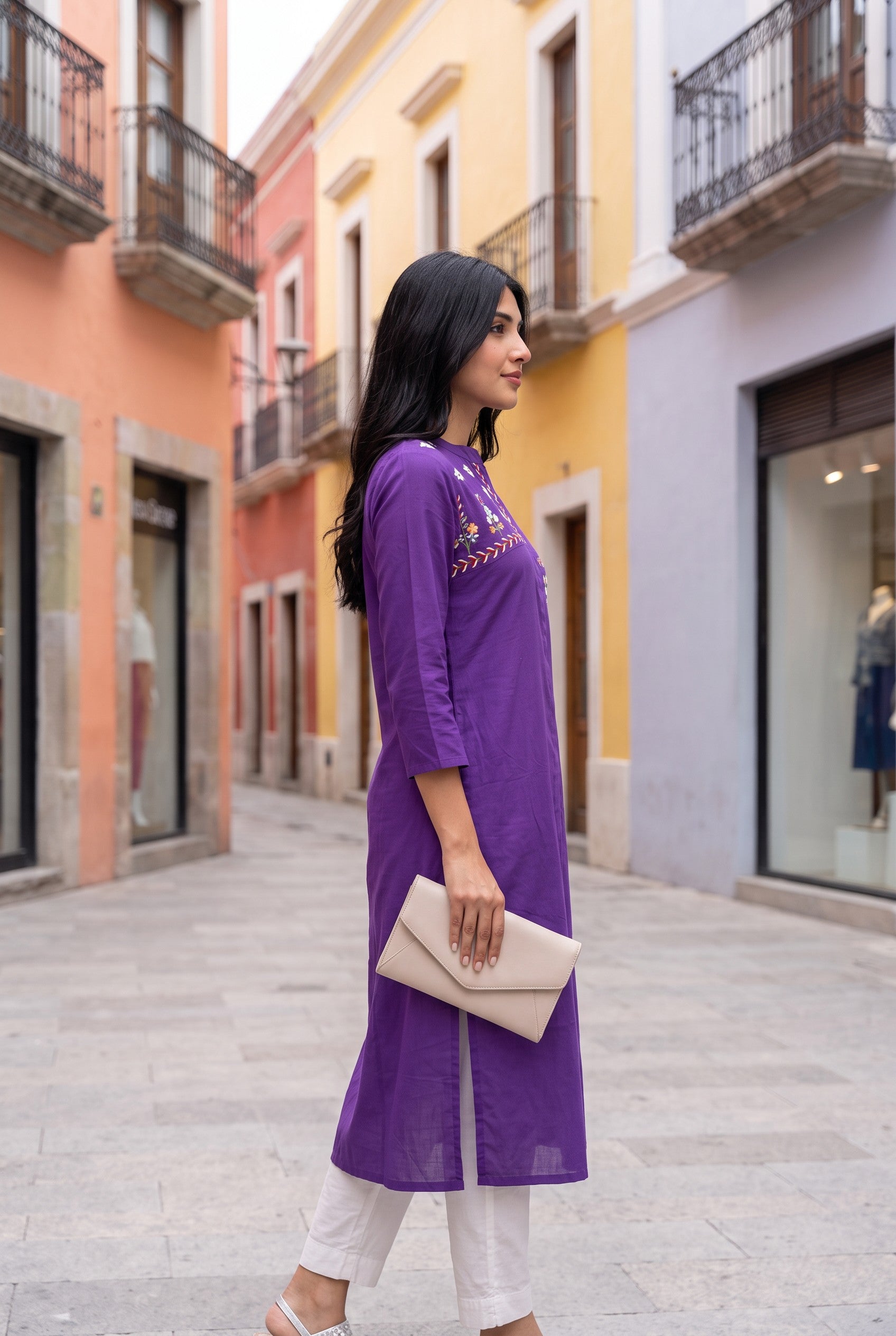 Purple Cotton Embroidered Kurta