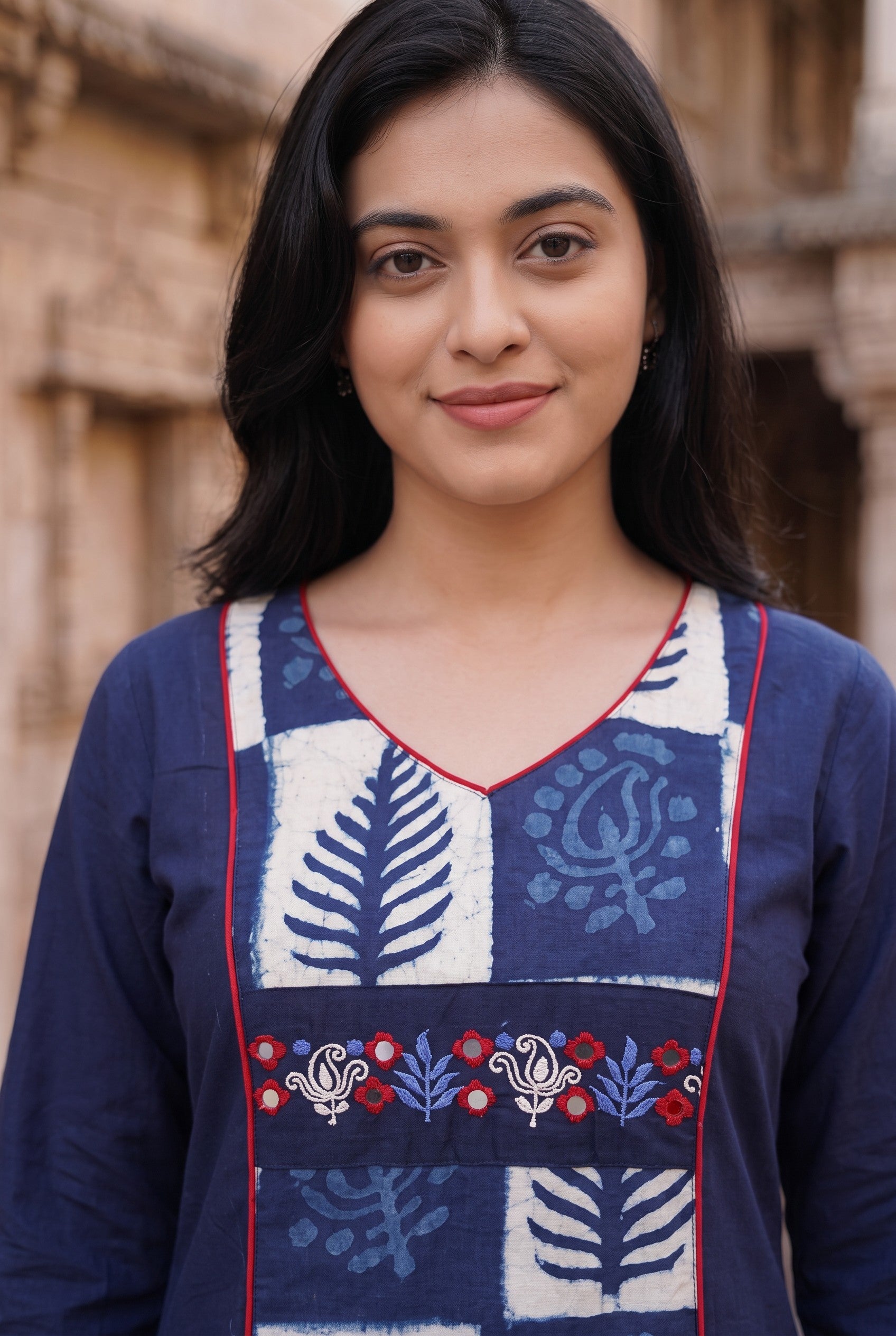 Indigo Hand Block Print With Hand Embroidery Cotton Kurta