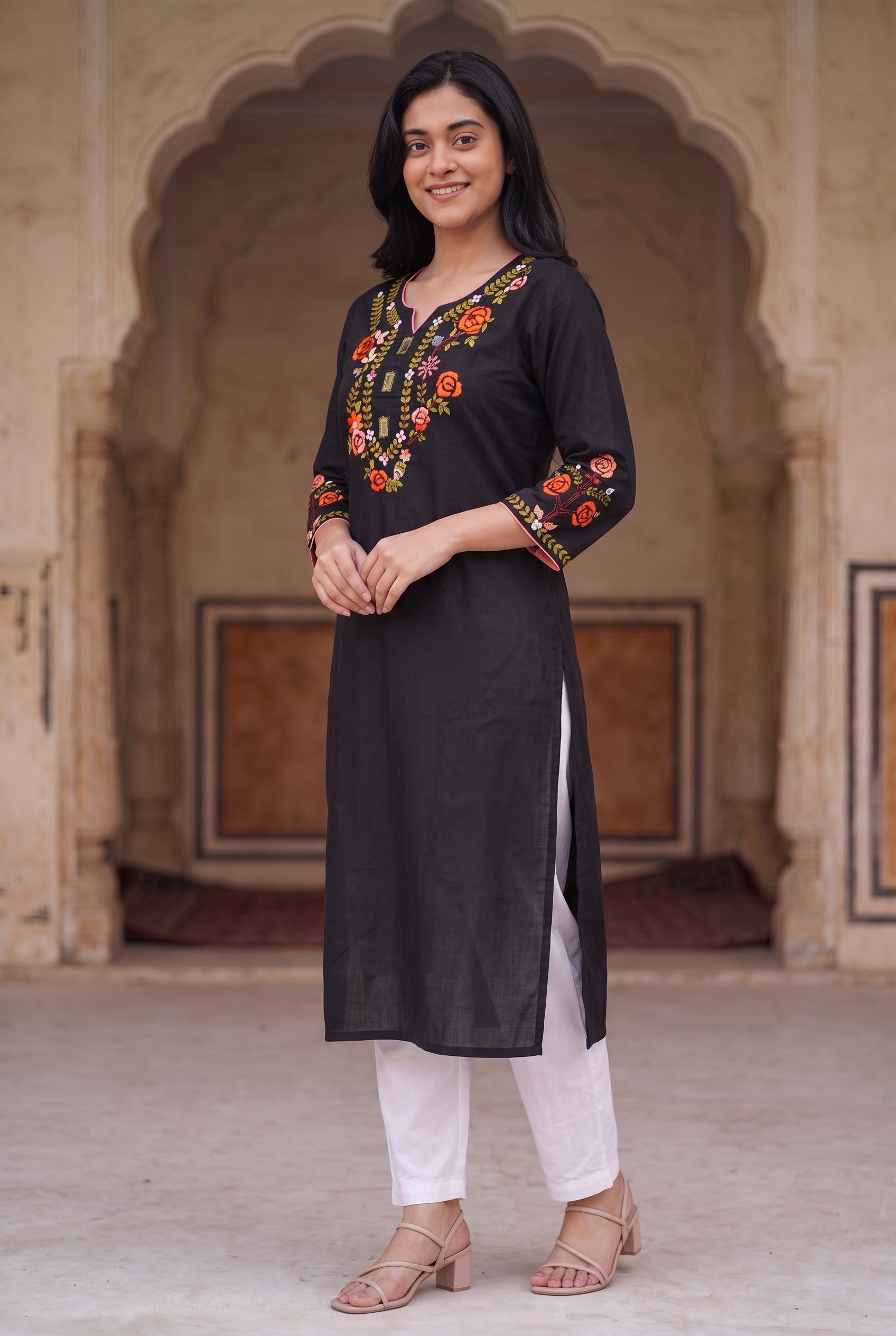 Black Hand Embroidered Cotton Kurta