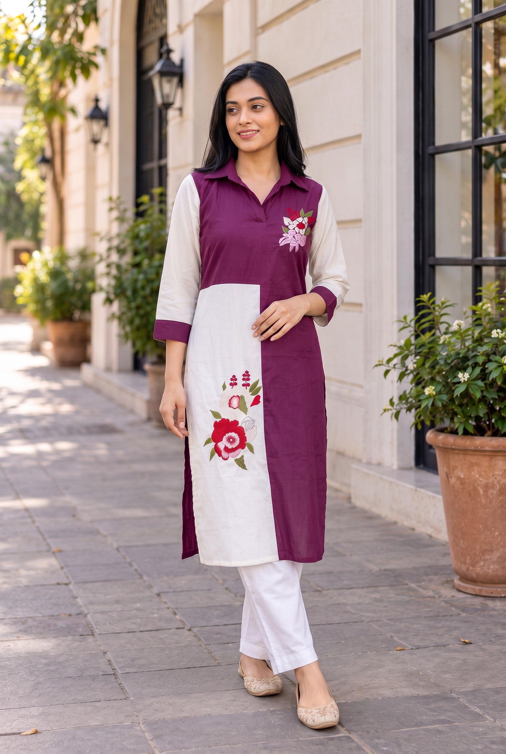 Plum White Embroidered Cotton Long Kurta