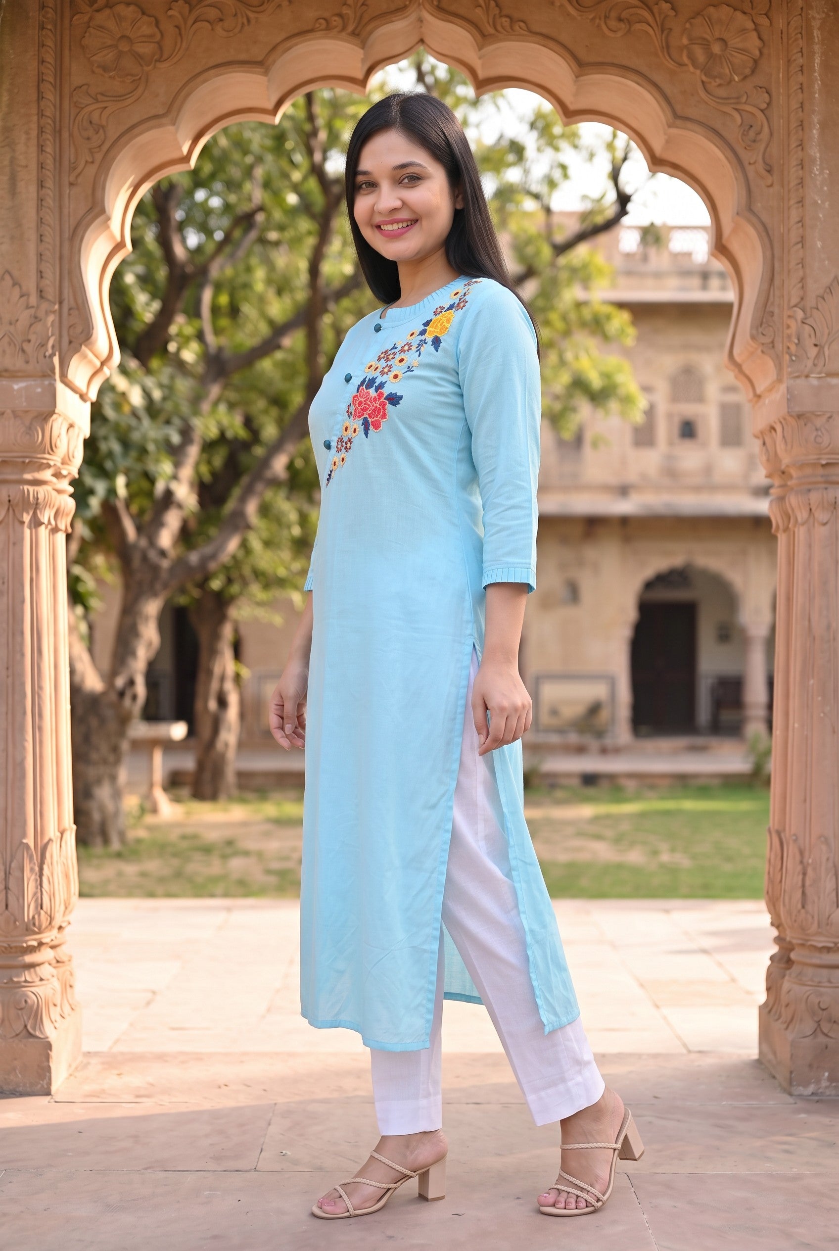 Sky Blue Colour Cotton Hand Emboidered Kurta