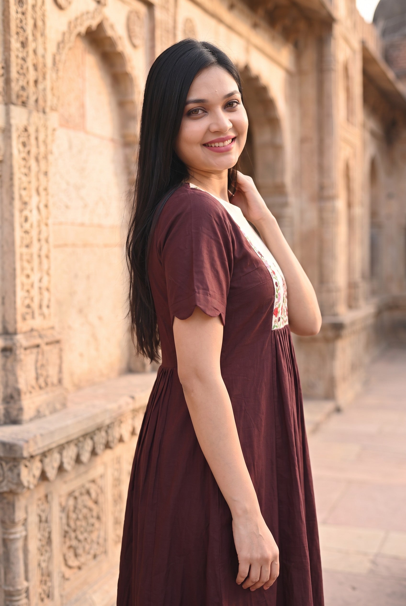 Chocolate Colour Cotton Hand Embroidered A-Line Kurta