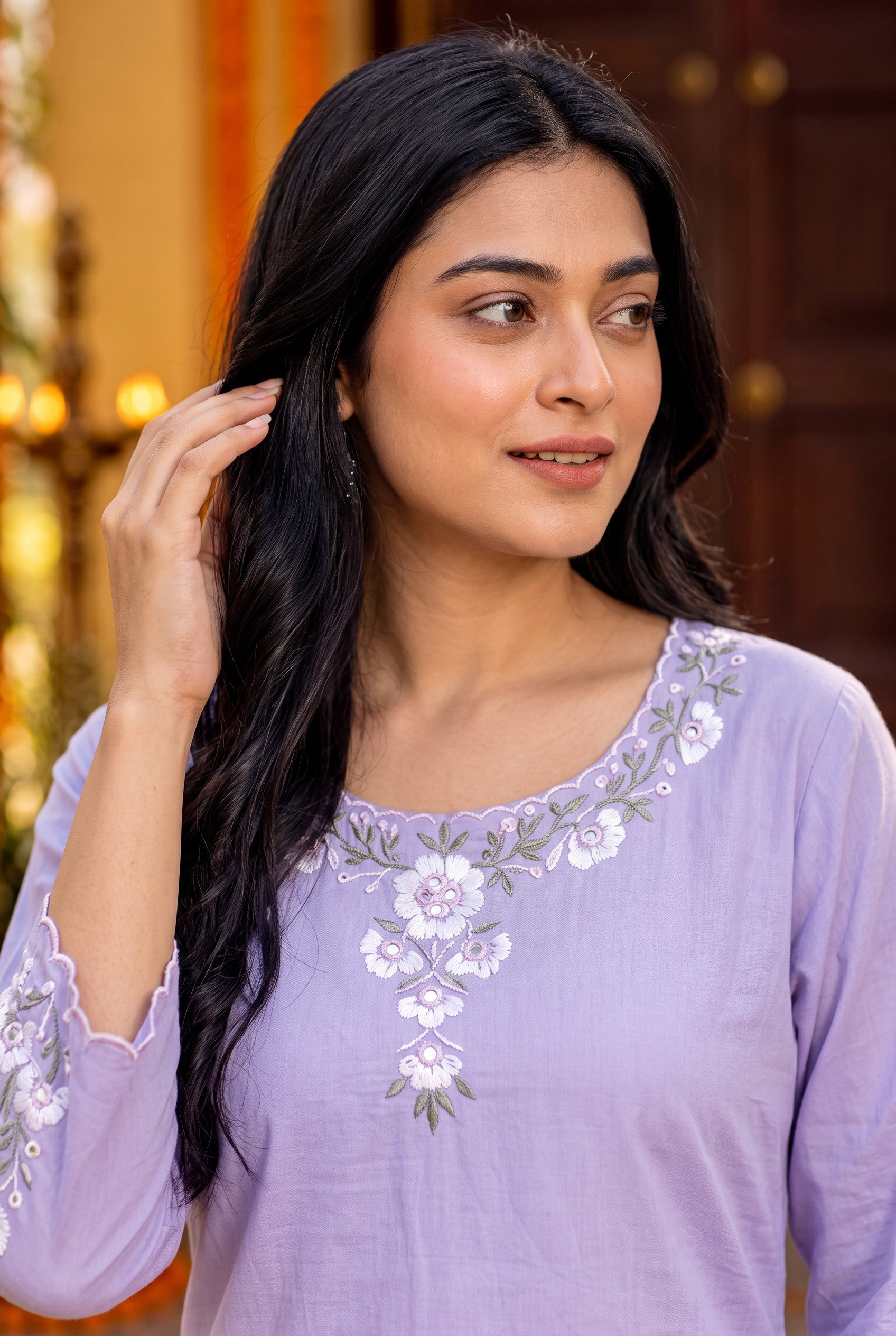 Lavender Colour Cotton Embroidered Kurta
