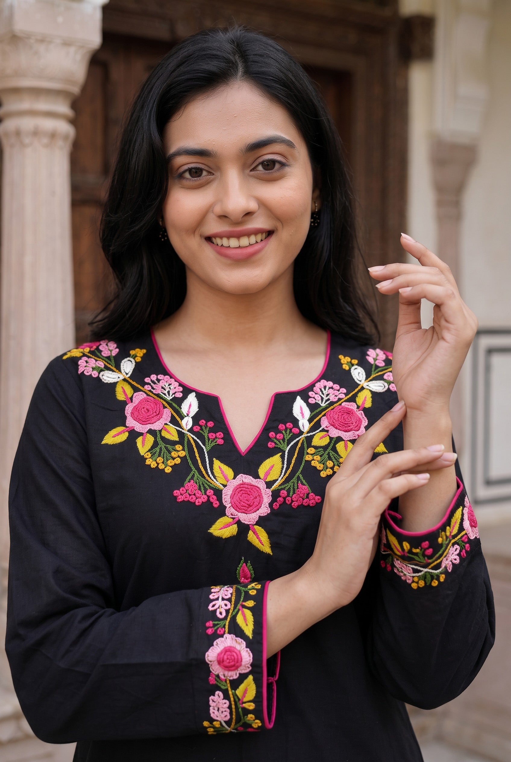 Hand Embroidered Black Cutton Kurta
