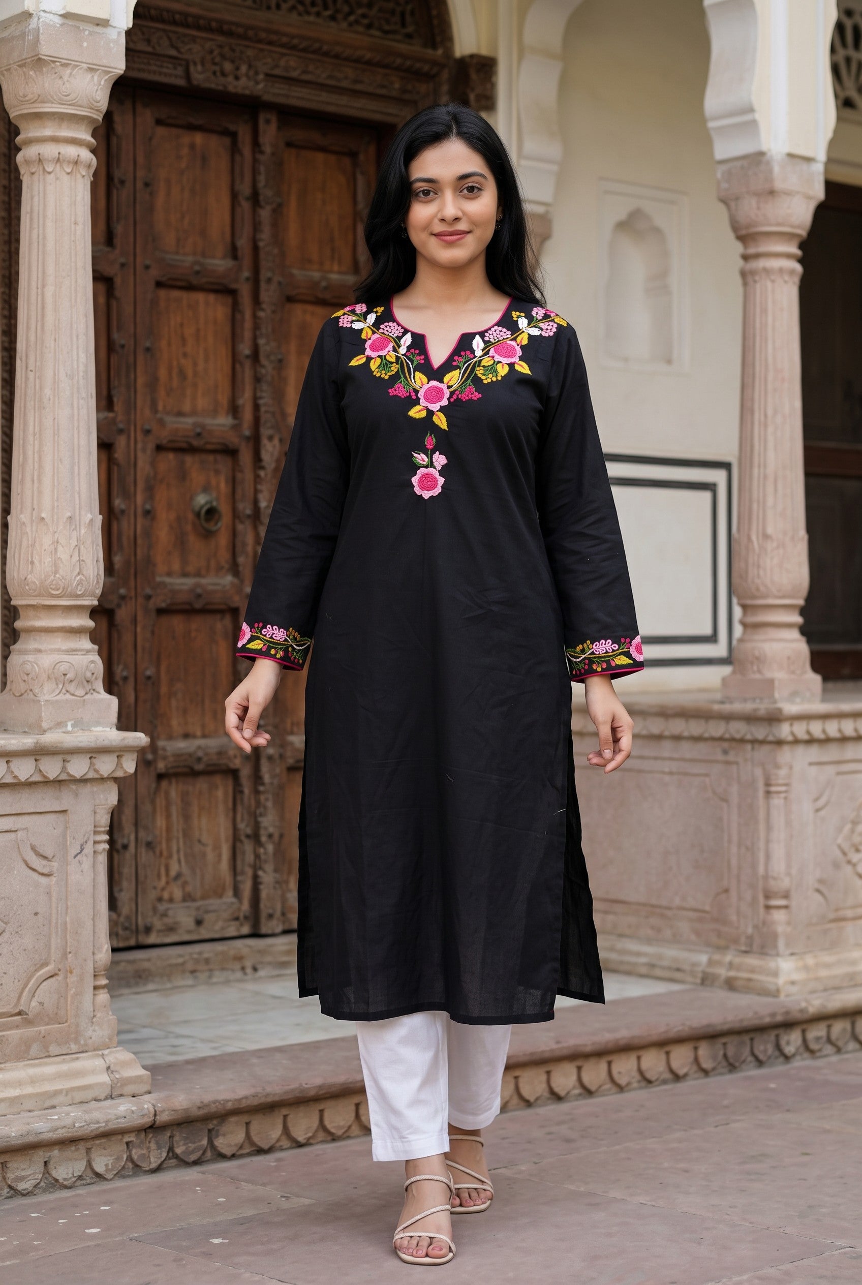 Hand Embroidered Black Cutton Kurta