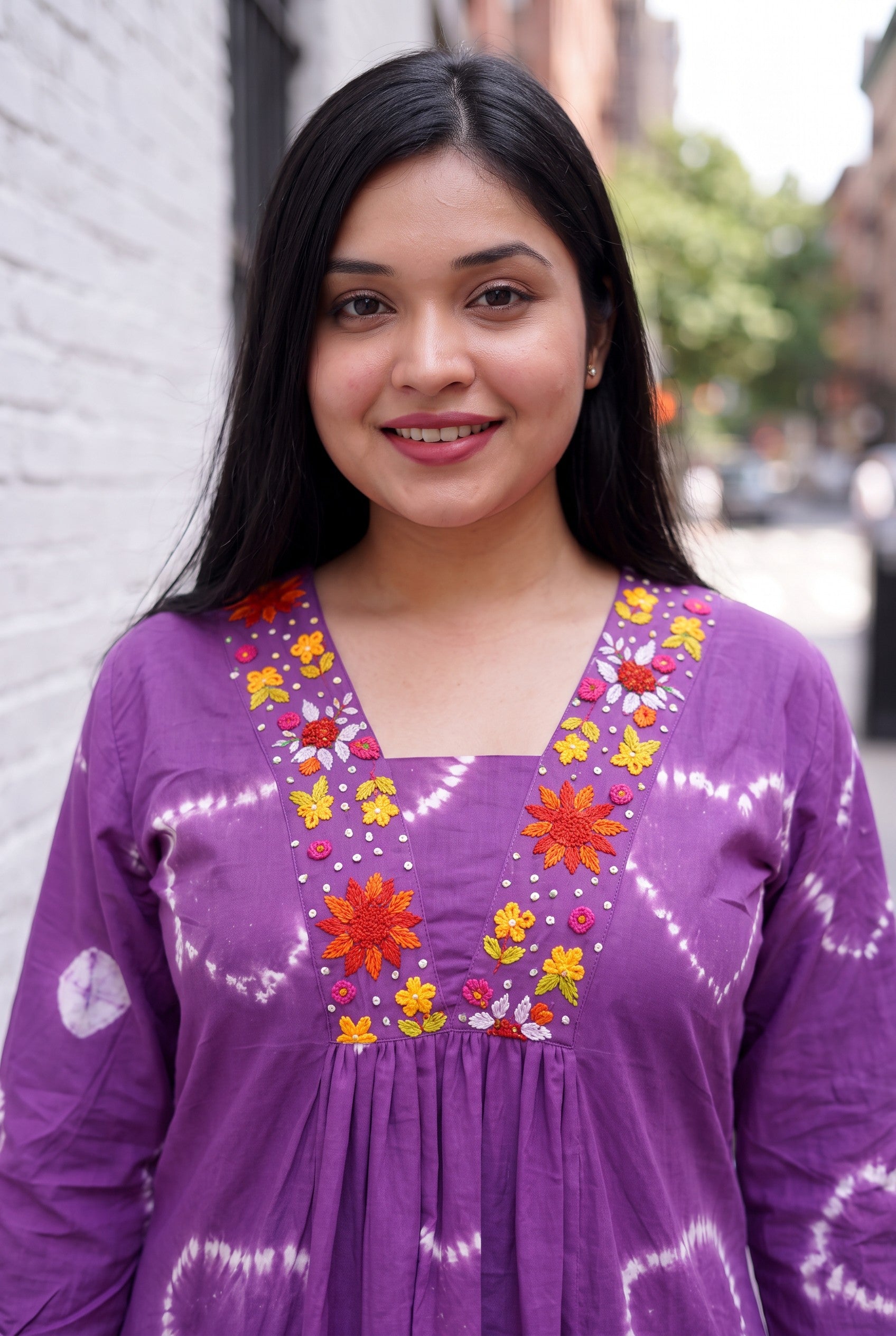 Purple Bandhani With Hand Embroidery Cotton Kurta