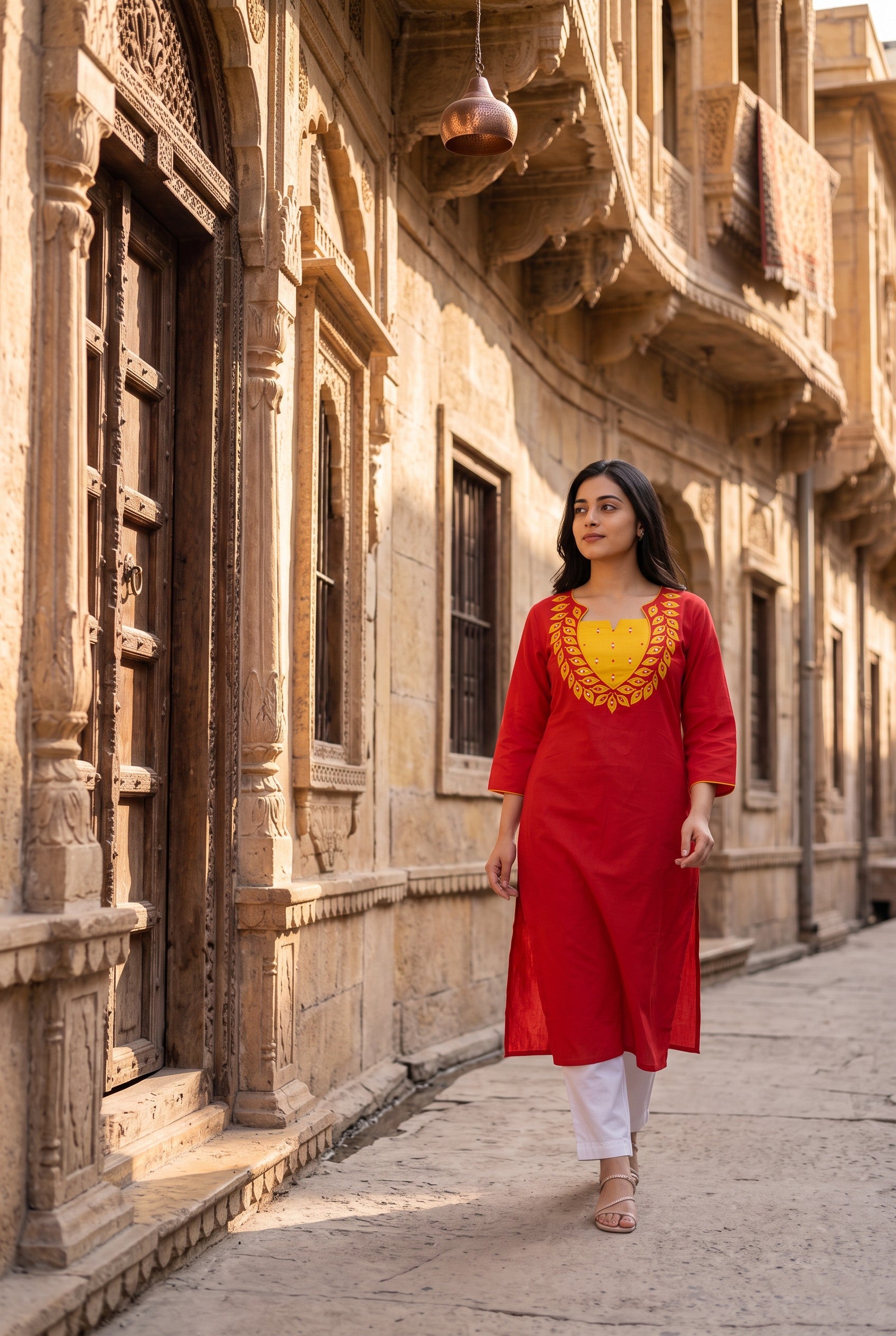Red Yellow Embroidered Cotton Kurta
