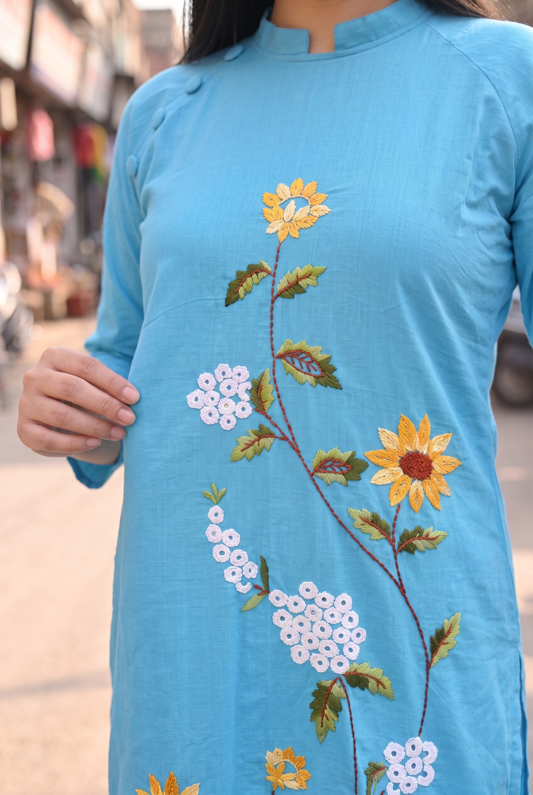 Sky Blue Colour Hand Embroidered Cotton Kurta