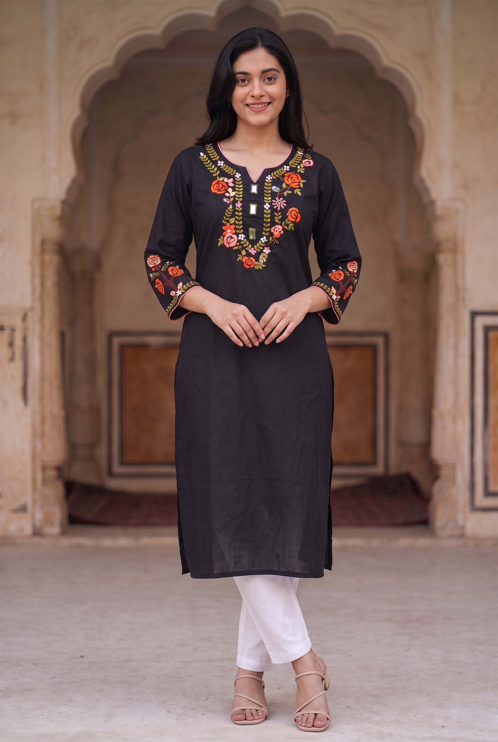 Black Hand Embroidered Cotton Kurta