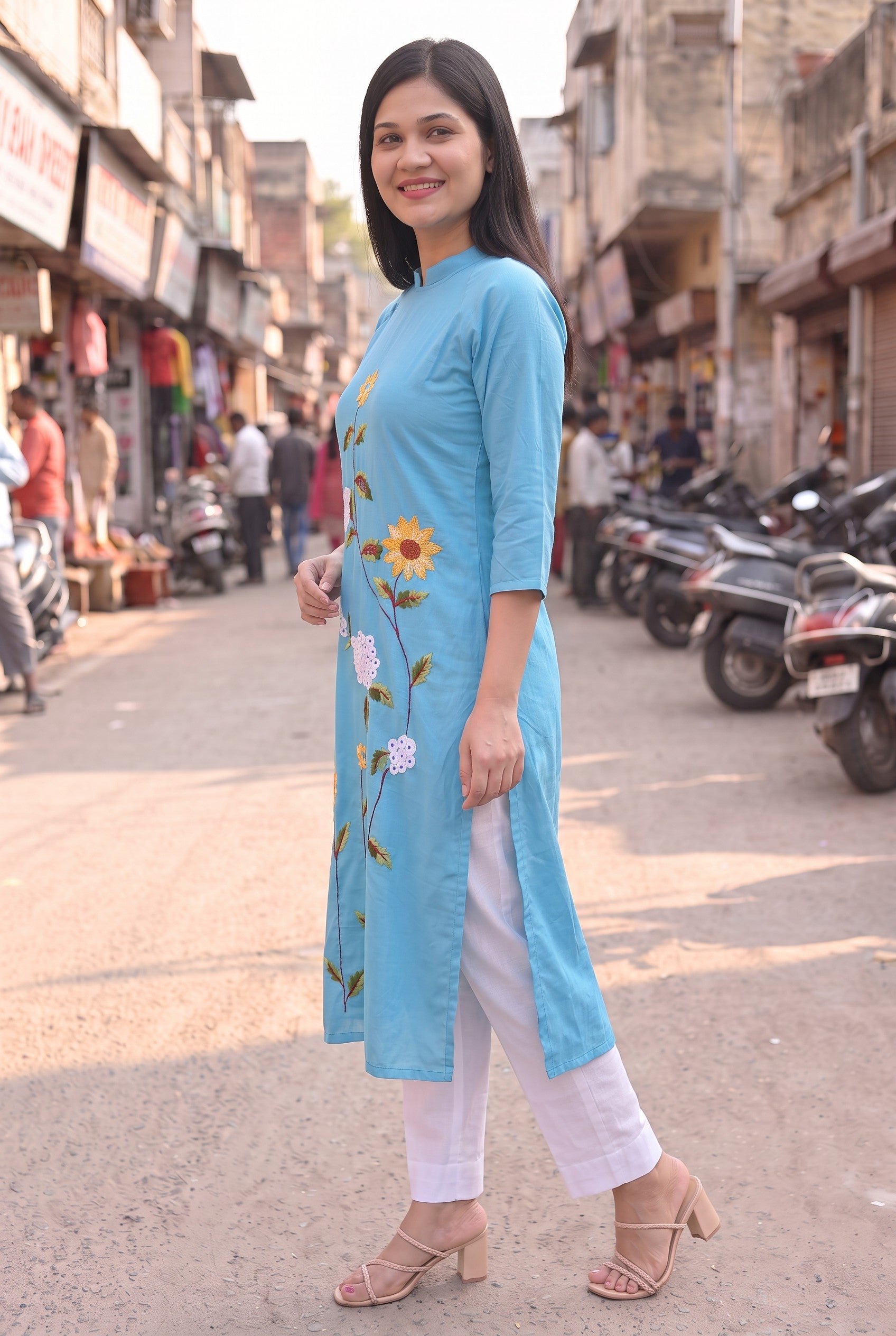 Sky Blue Colour Hand Embroidered Cotton Kurta