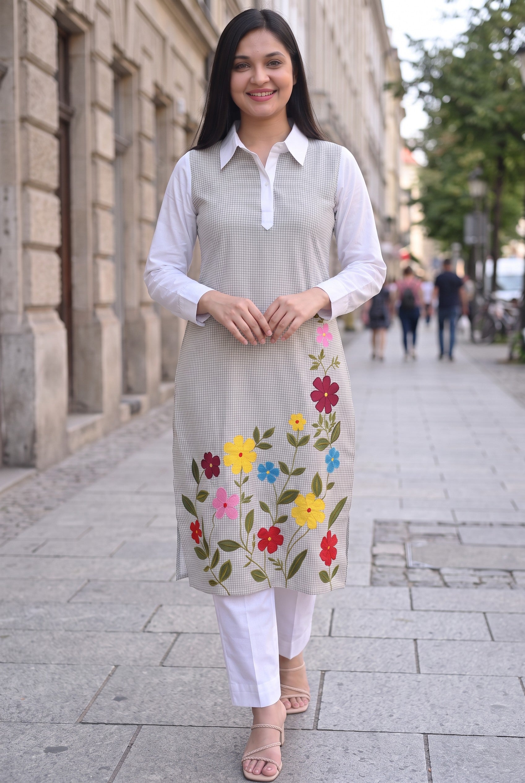 Applique Embroidered Check Cotton Kurta