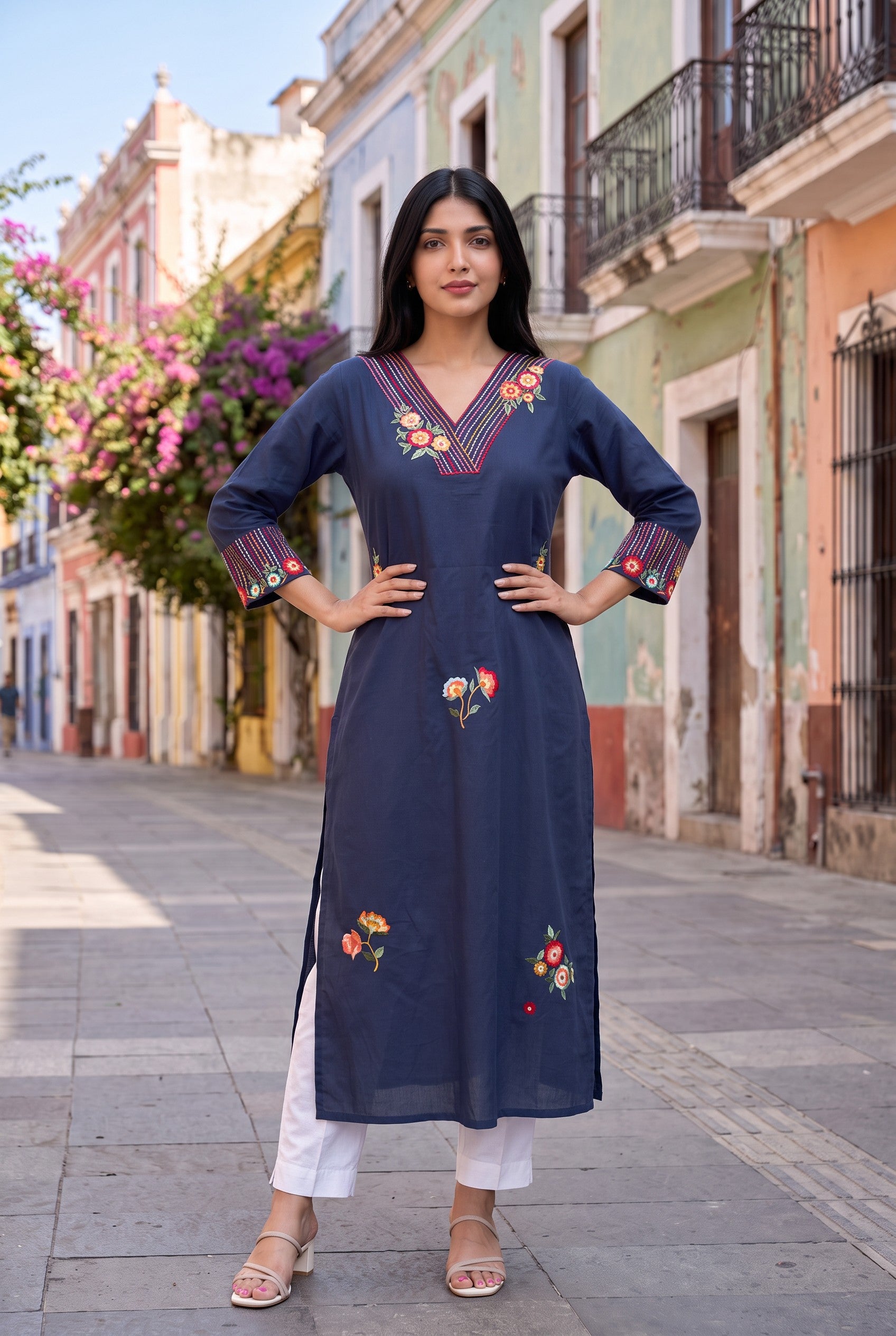 Mid Night Blue Cotton Embroidered Kurta