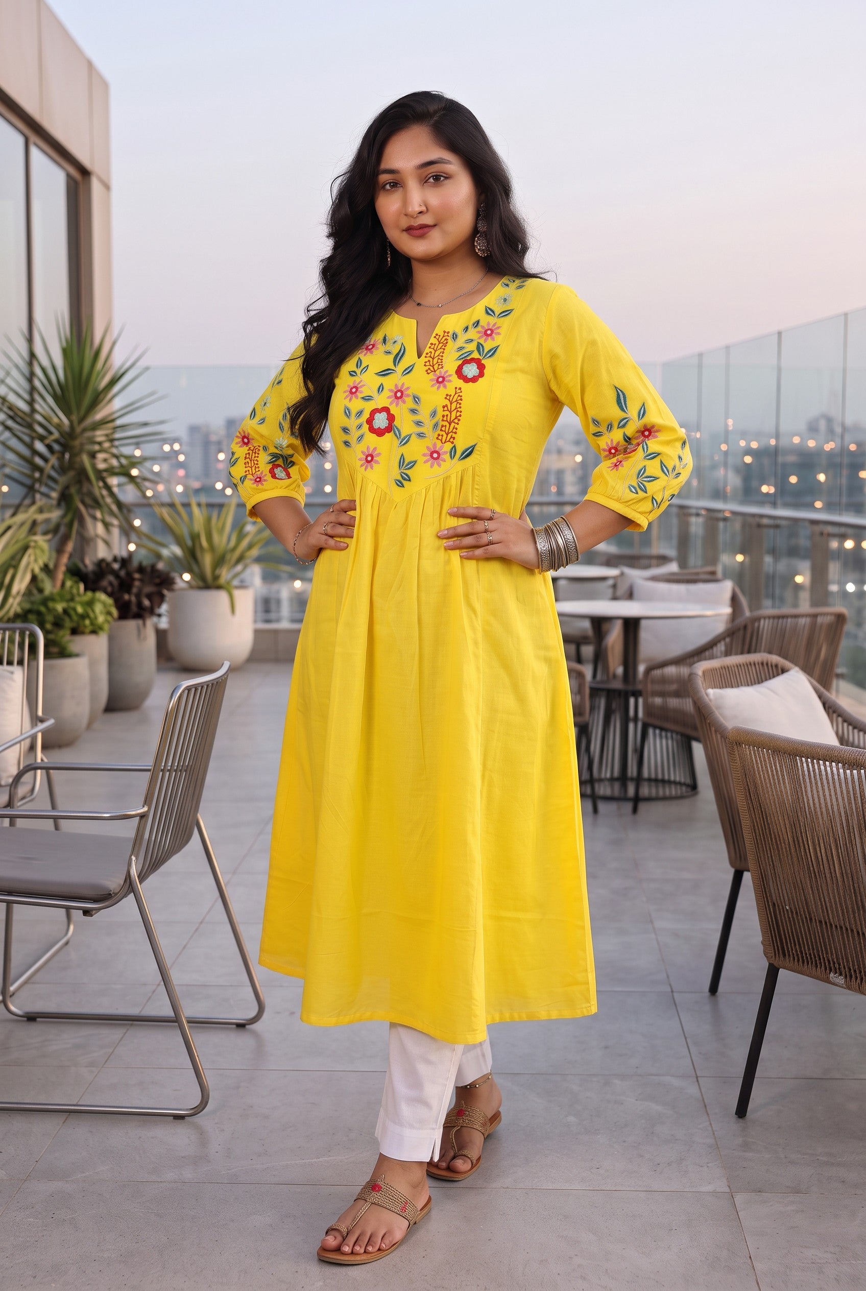 Yellow Floral Embroidered Cotton A-line Kurta