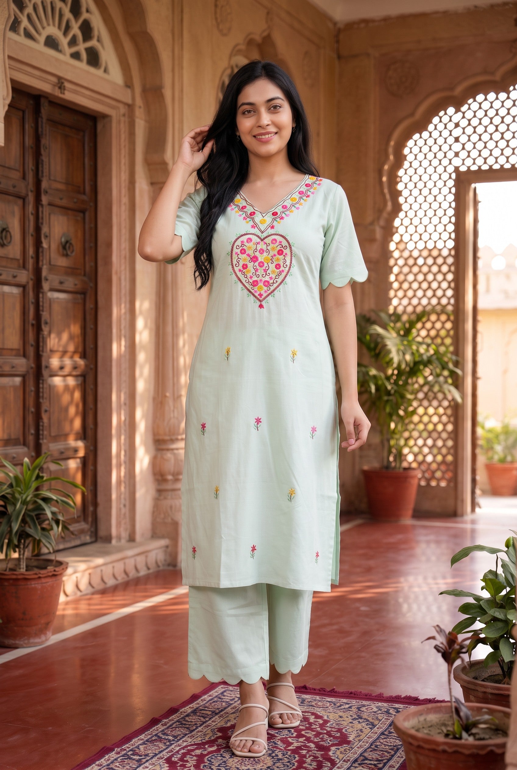 Pastel Mint Hand Embroidered Cotton Co-ord Sets