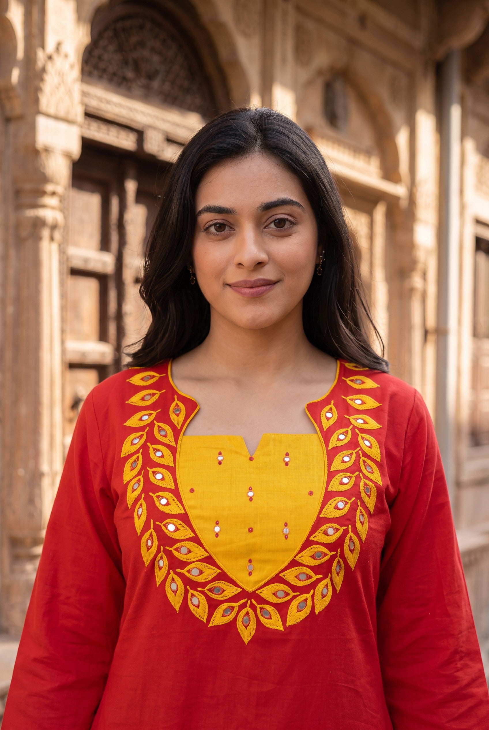 Red Yellow Embroidered Cotton Kurta