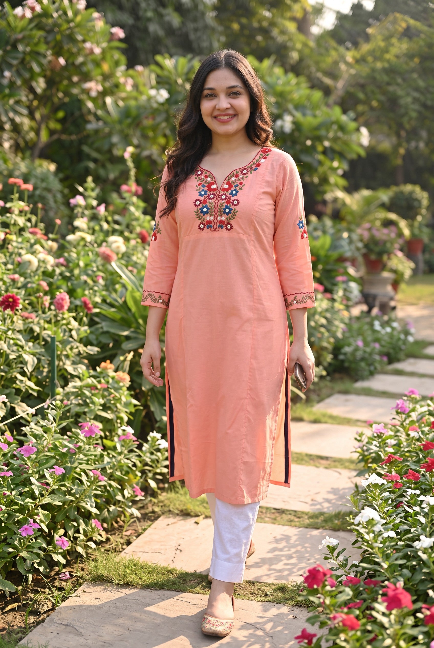 Peach Colour Cotton Hand Embroidered Kurta