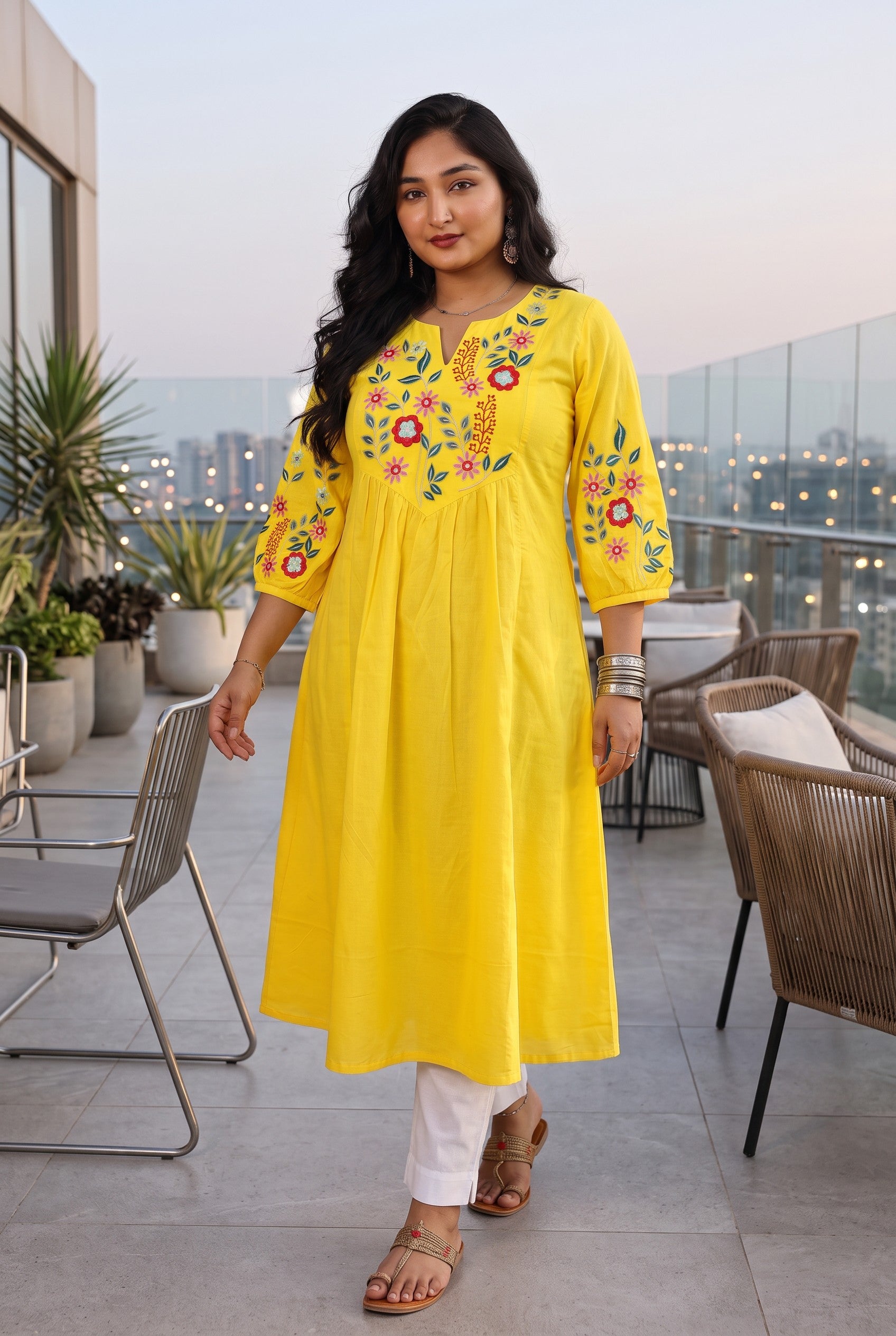 Yellow Floral Embroidered Cotton A-line Kurta