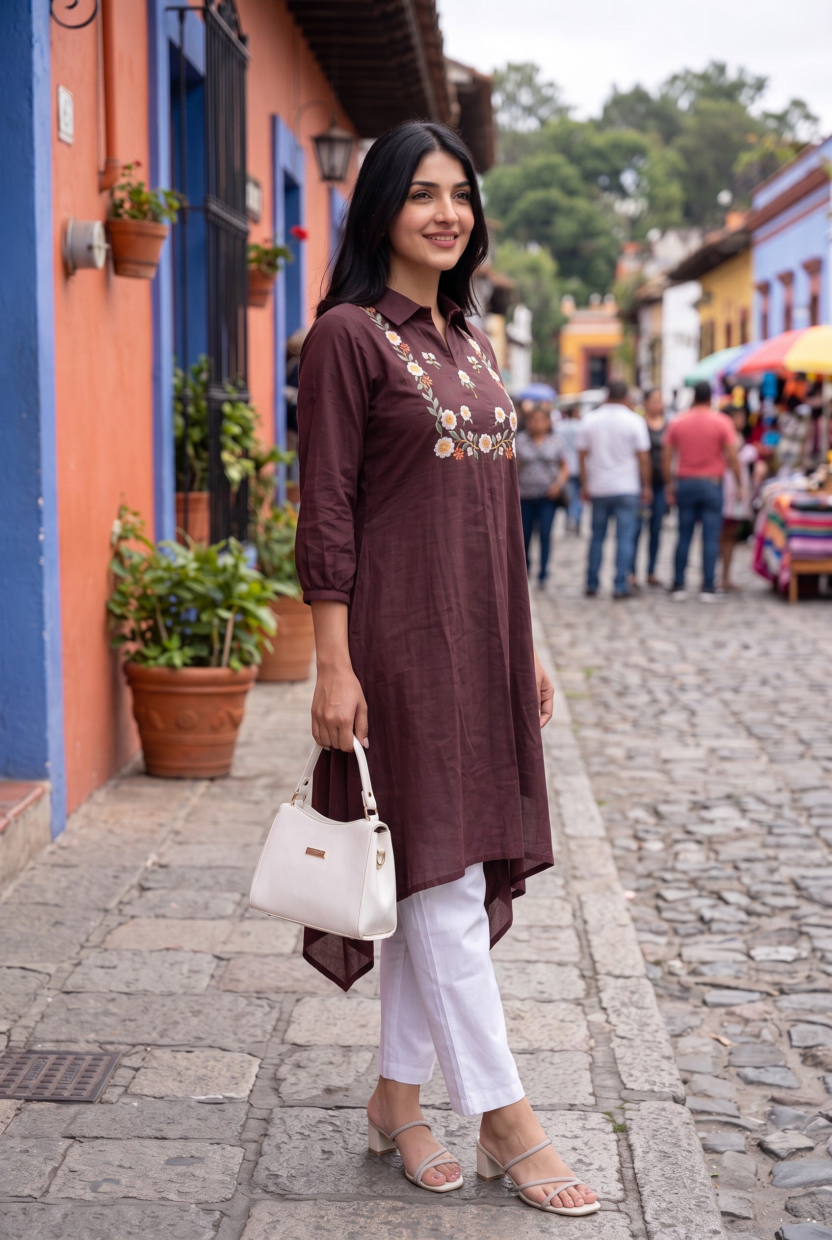 Chocolate Color Cotton Embroidered Kurta