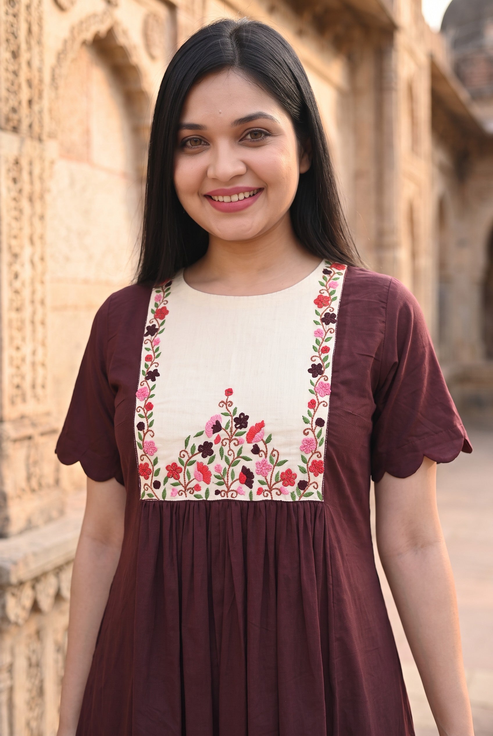 Chocolate Colour Cotton Hand Embroidered A-Line Kurta