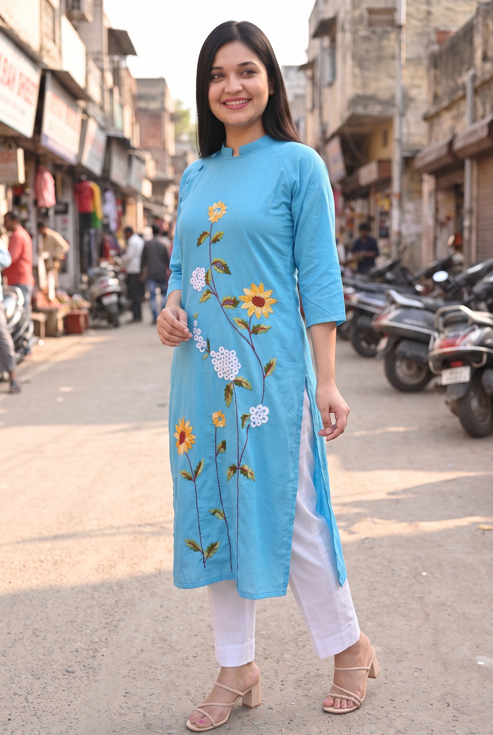 Sky Blue Colour Hand Embroidered Cotton Kurta