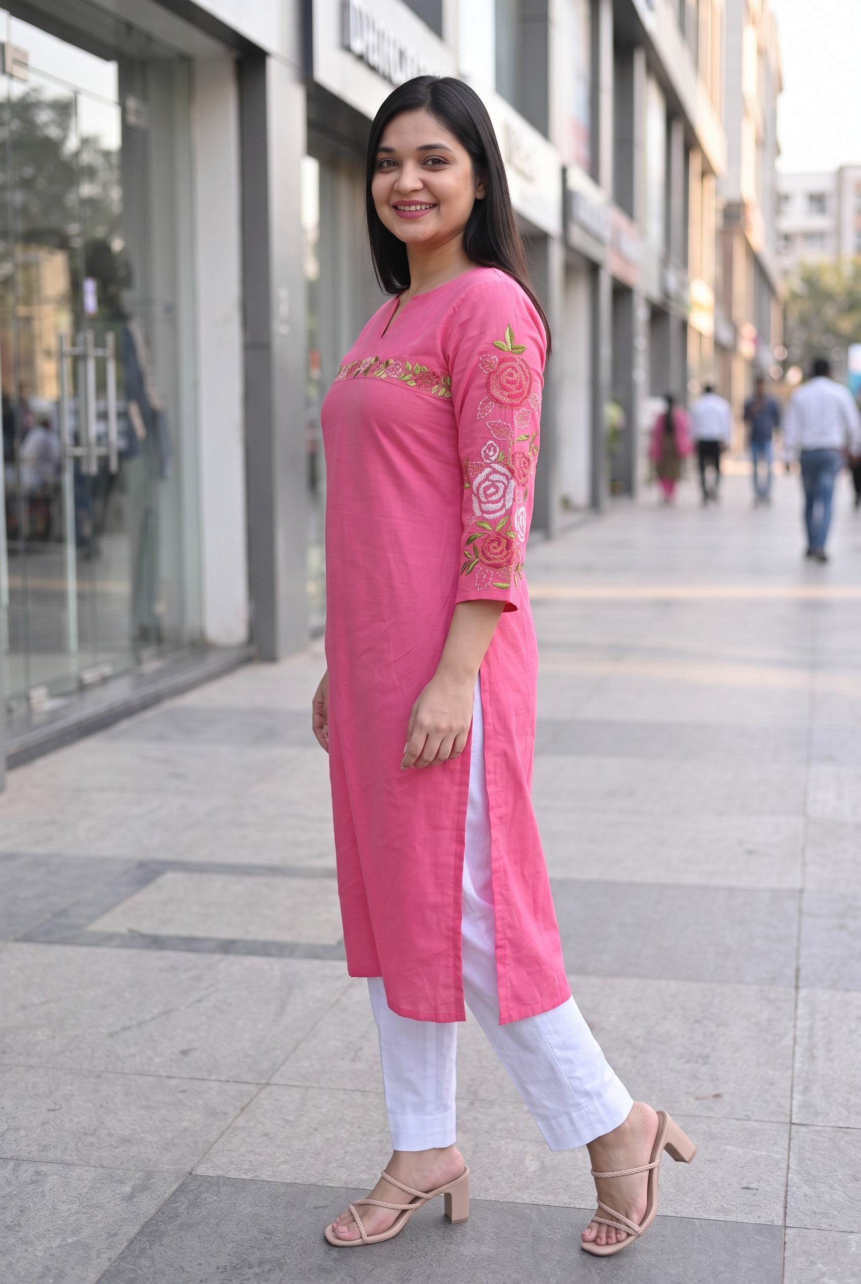 Pink Cotton Hand Emboidered Kurta