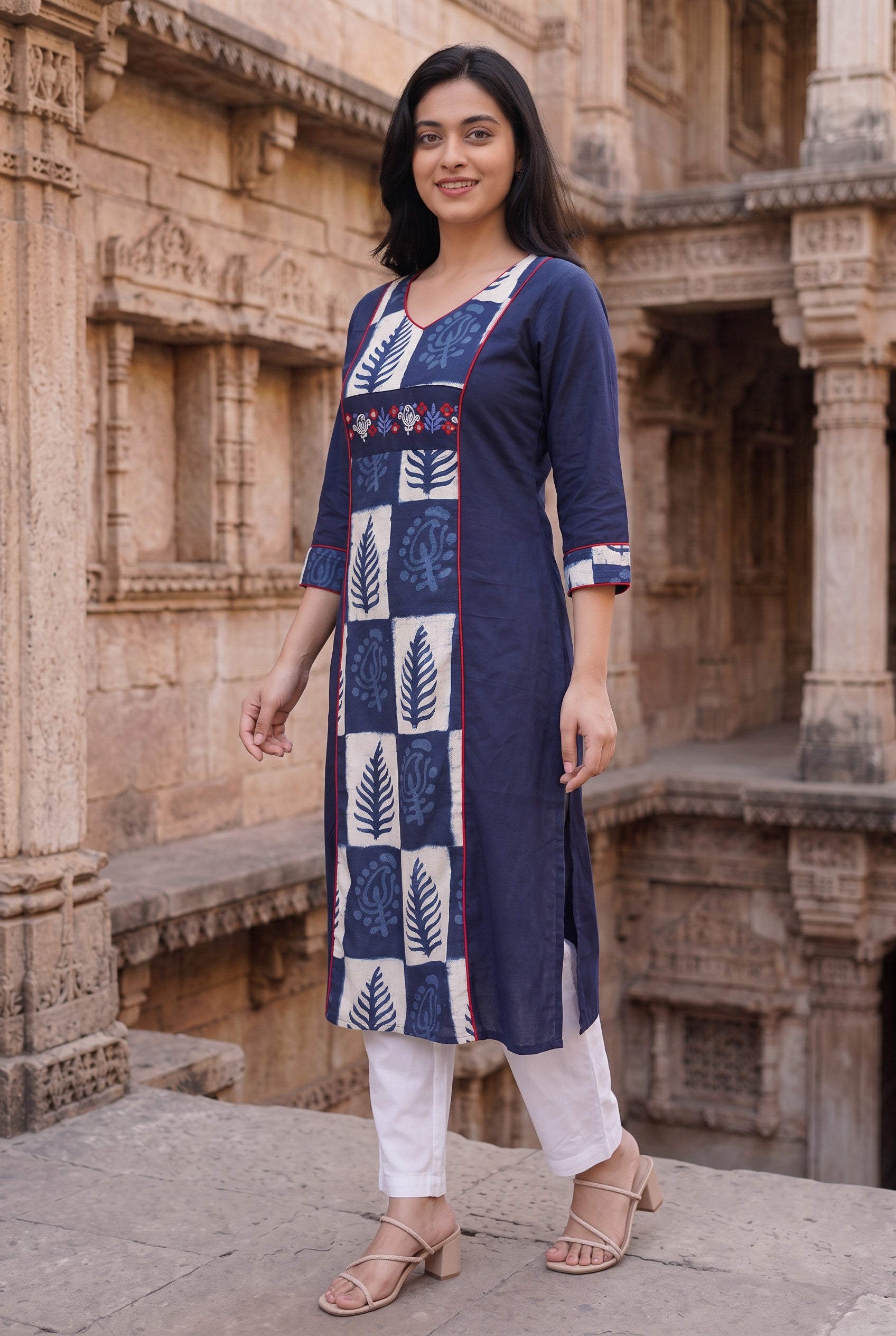 Indigo Hand Block Print With Hand Embroidery Cotton Kurta