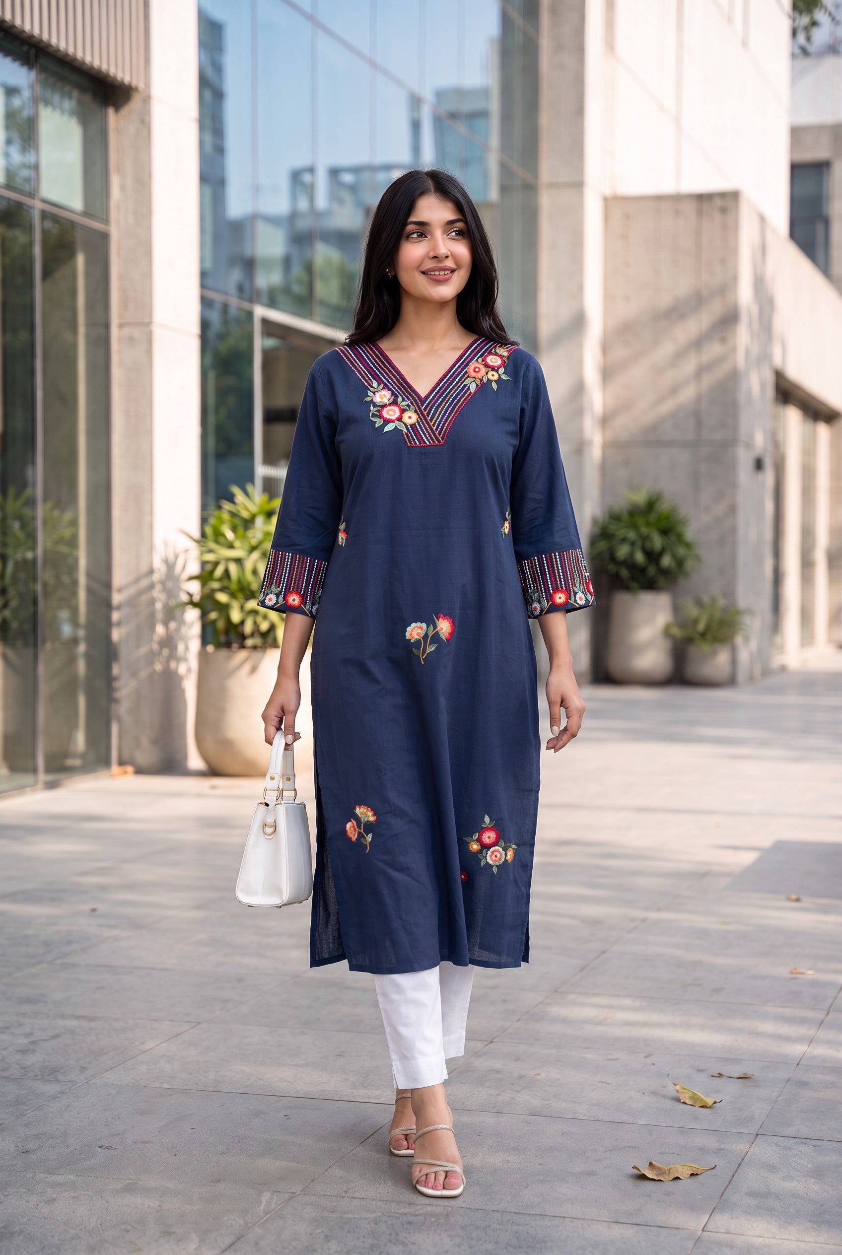Mid Night Blue Cotton Embroidered Kurta